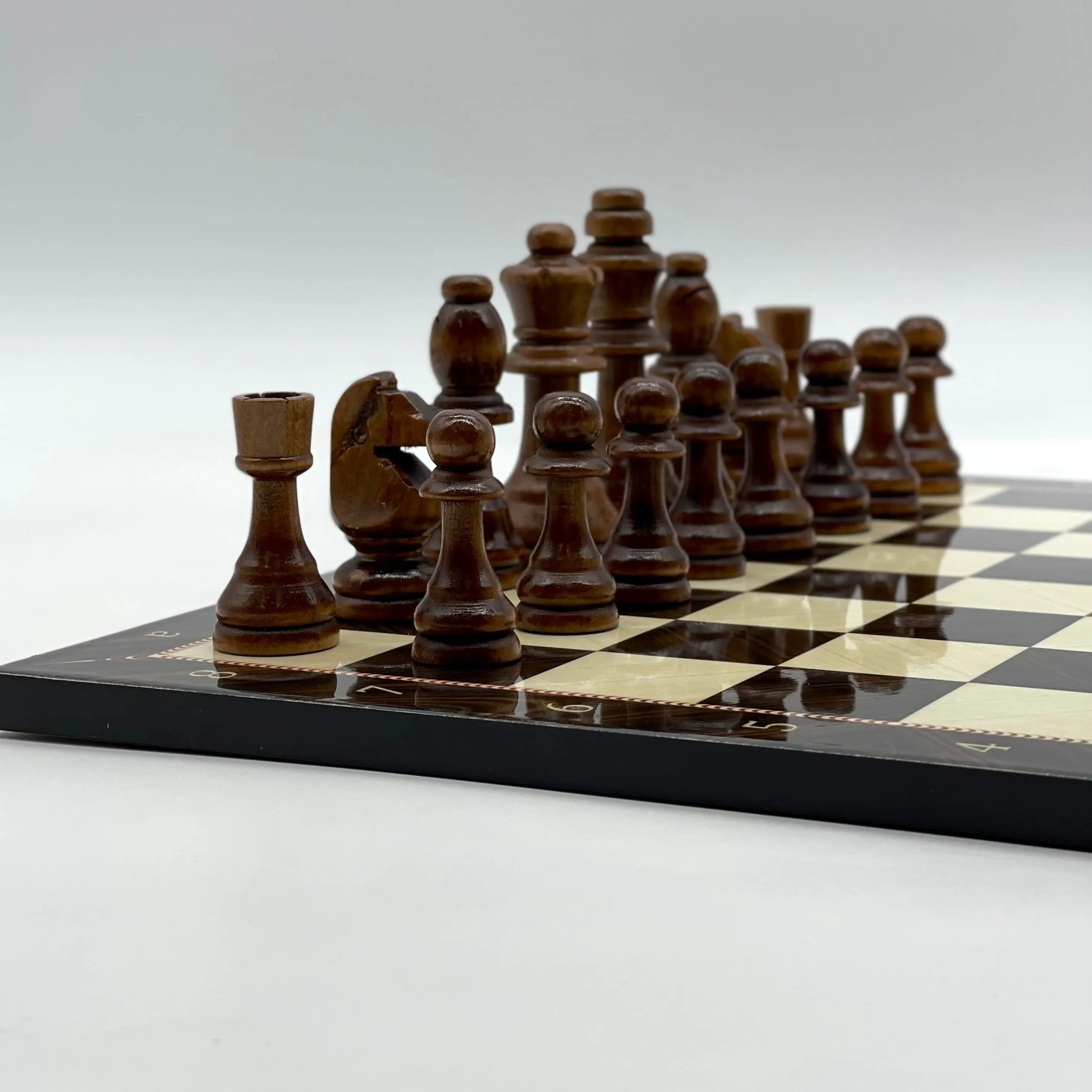 16.5" Walnut Marble Pattern Folding Wooden Set With Wooden Chess Pieces Set