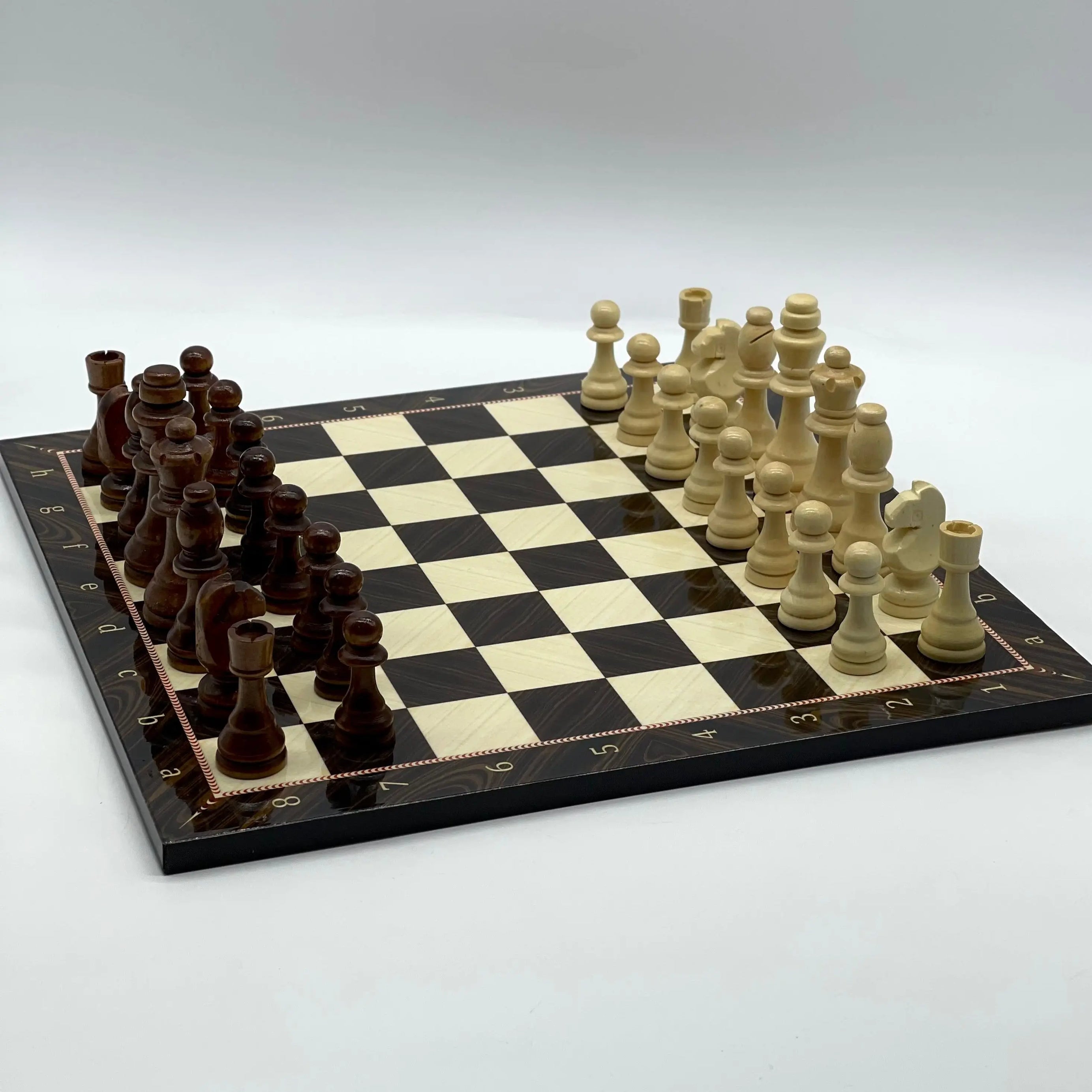 16.5" Walnut Marble Pattern Folding Wooden Set With Wooden Chess Pieces Set