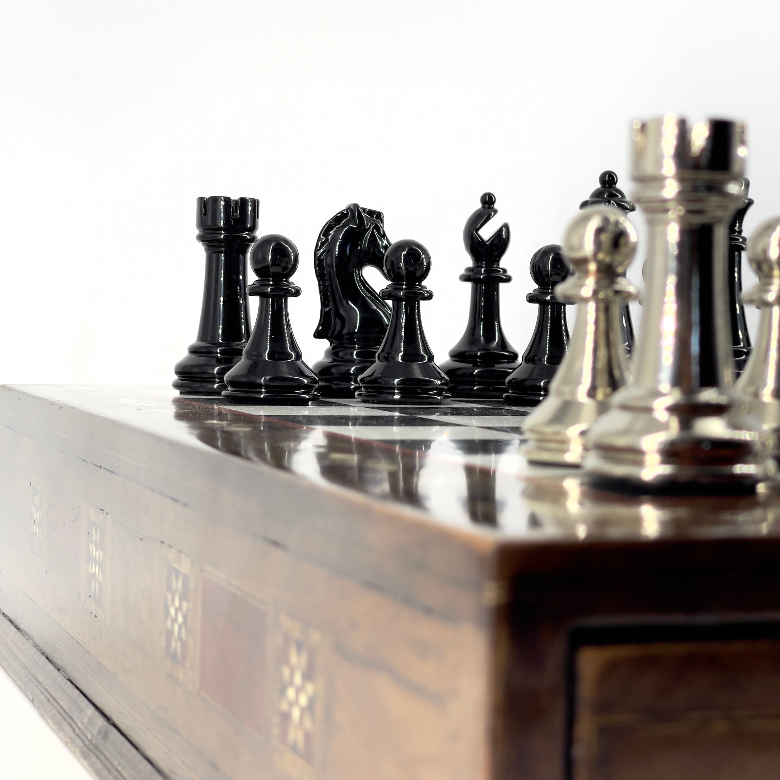 Premium Chess Set with Handmade Wooden Drawers and Black Metal Chess Pieces