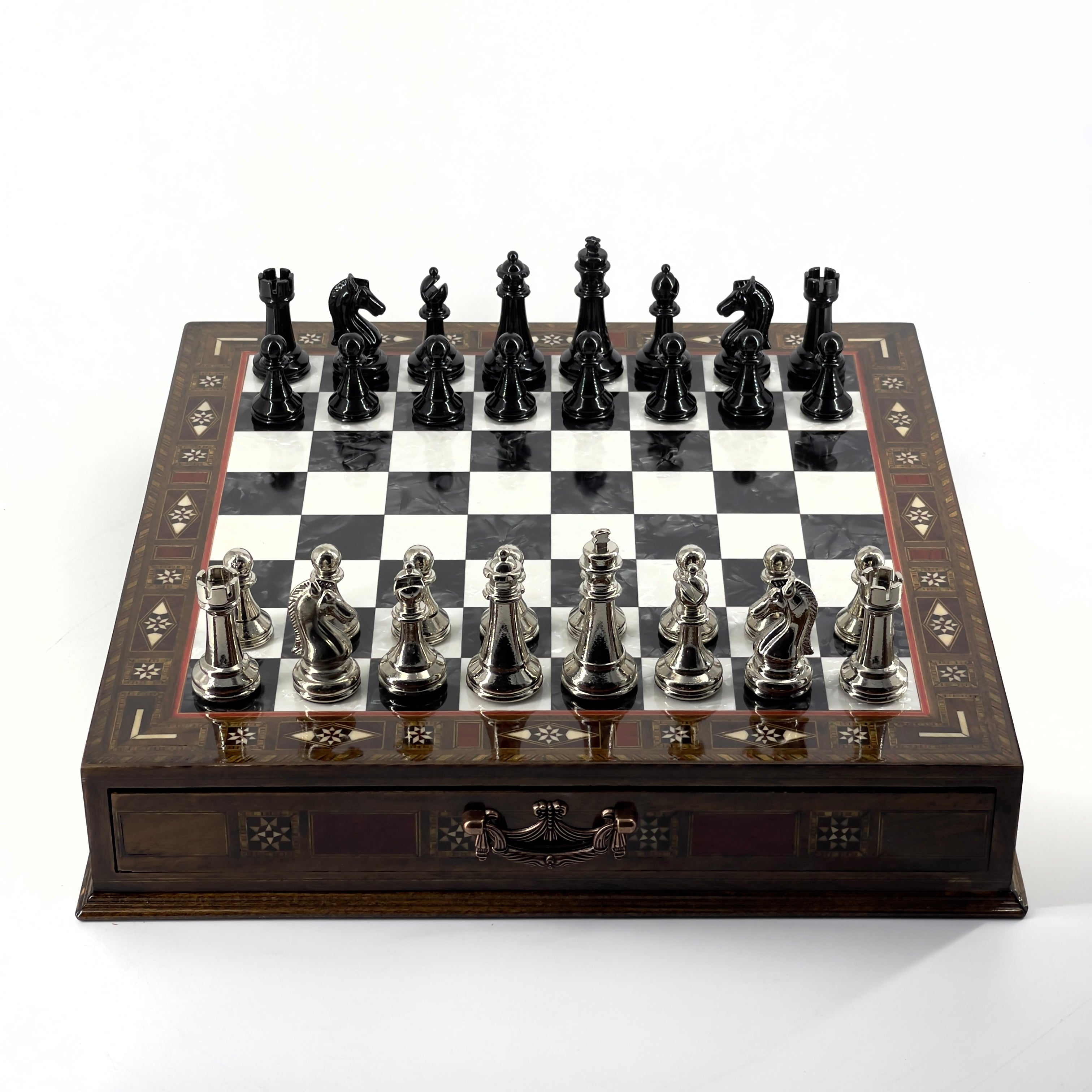 Premium Chess Set with Handmade Wooden Drawers and Black Metal Chess Pieces