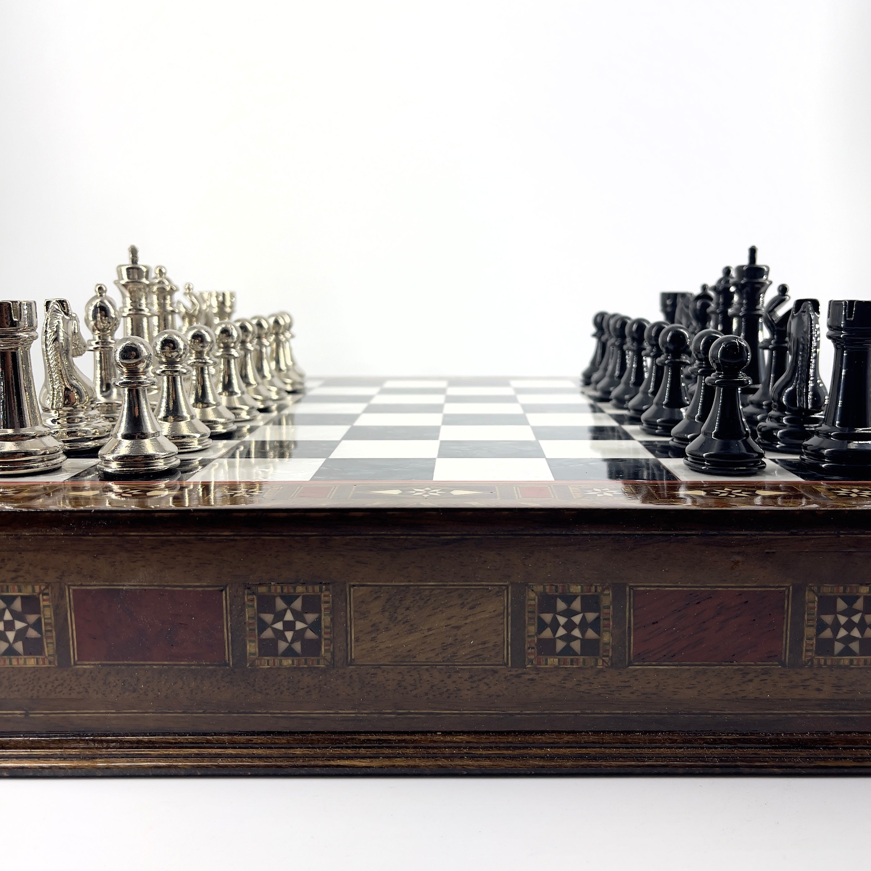Premium Chess Set with Handmade Wooden Drawers and Black Metal Chess Pieces