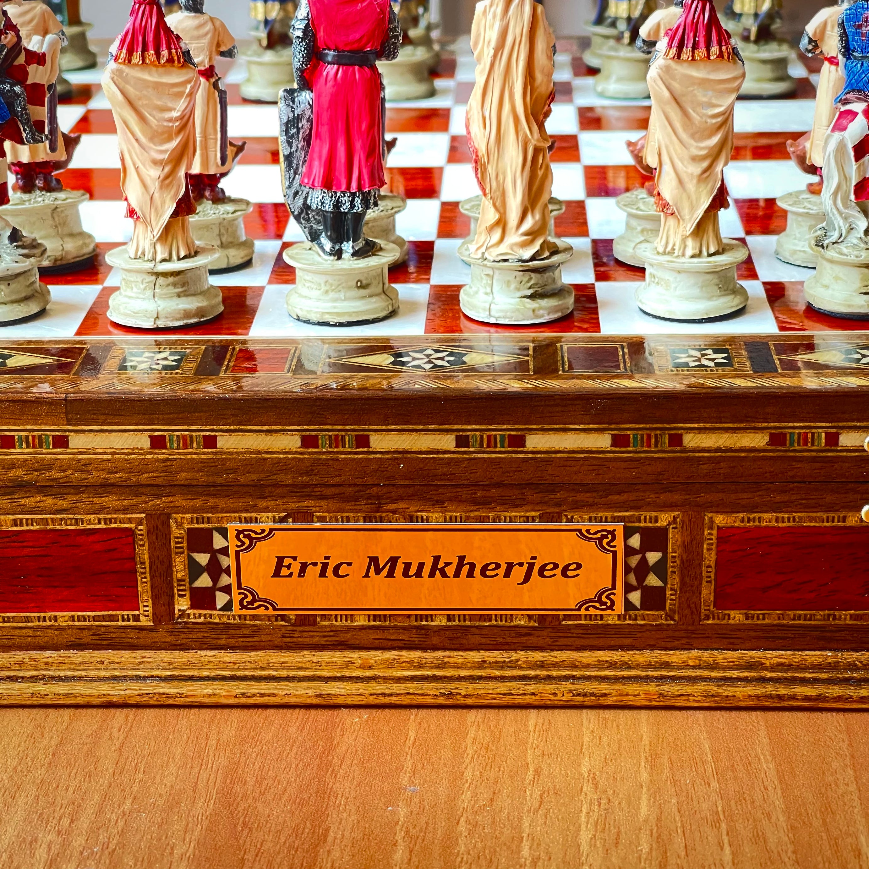 Custom Unique Wooden Storage Chess Set with Crusaders Chess Pieces