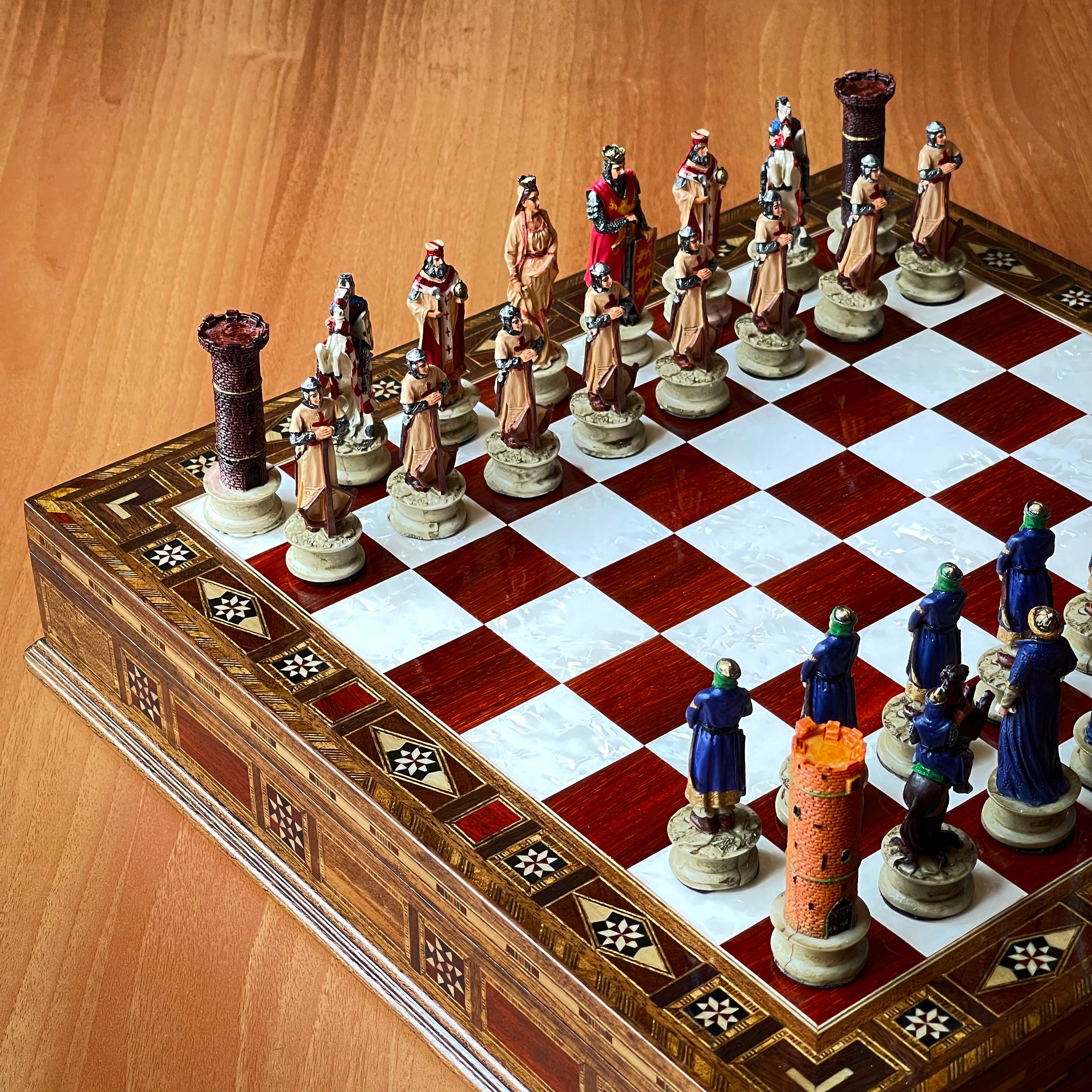 Custom Unique Wooden Storage Chess Set with Crusaders Chess Pieces