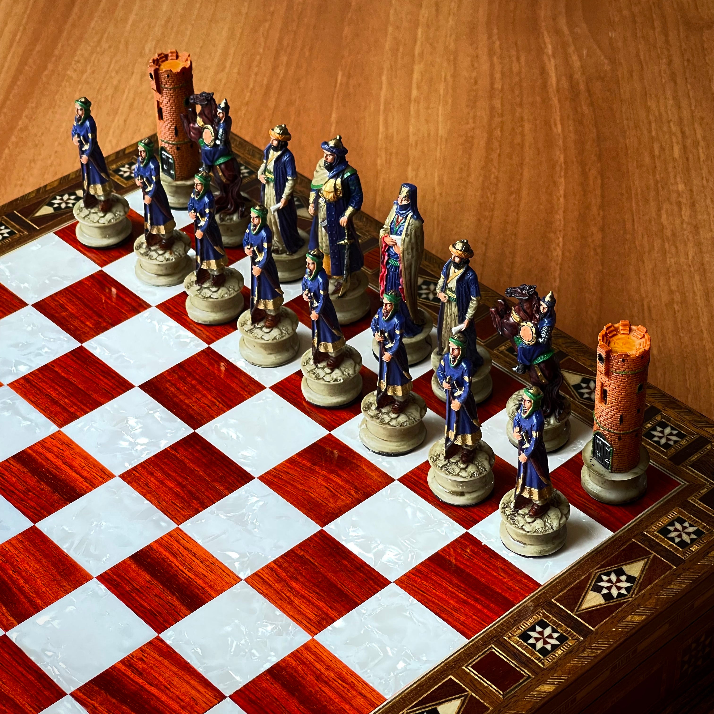 Custom Unique Wooden Storage Chess Set with Crusaders Chess Pieces