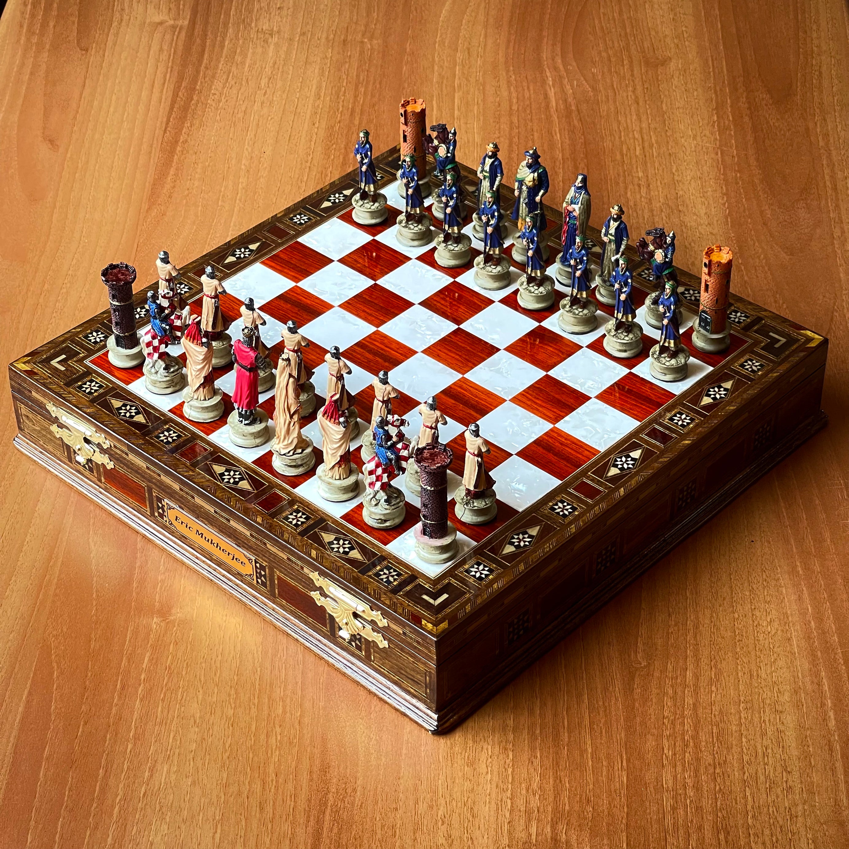 Custom Unique Wooden Storage Chess Set with Crusaders Chess Pieces