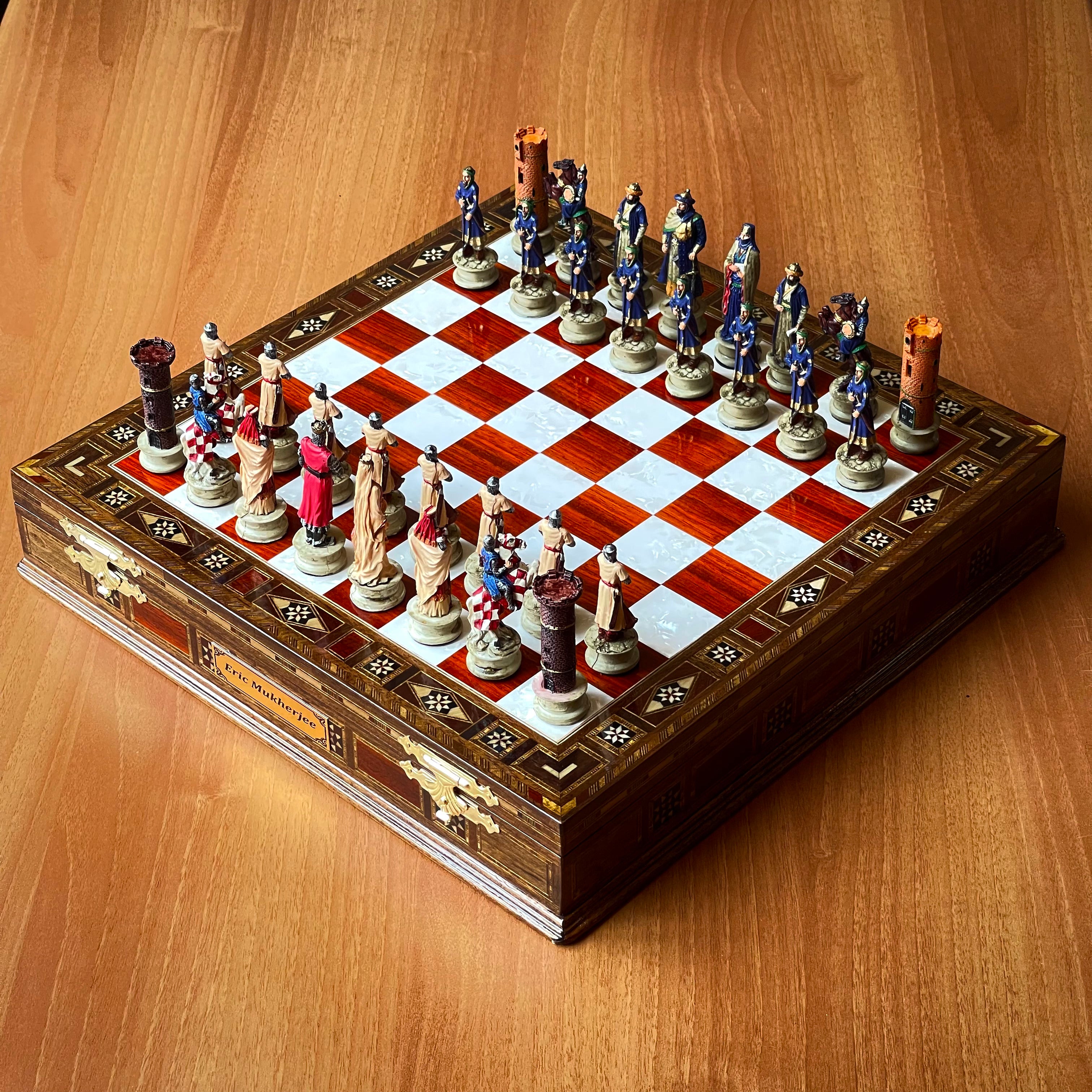 Custom Unique Wooden Storage Chess Set with Crusaders Chess Pieces