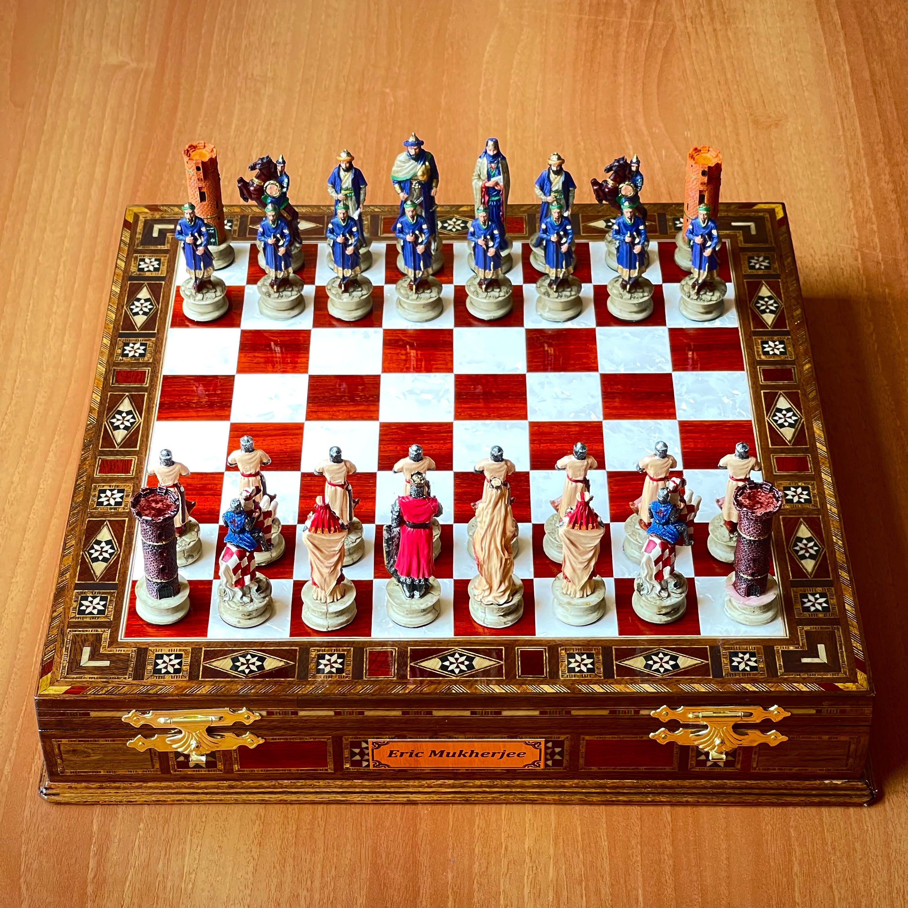 Custom Unique Wooden Storage Chess Set with Crusaders Chess Pieces