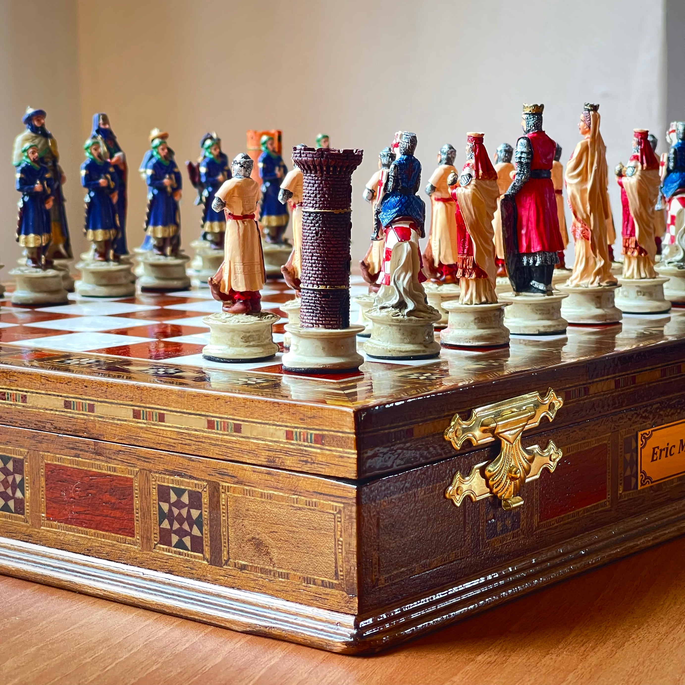Custom Unique Wooden Storage Chess Set with Crusaders Chess Pieces