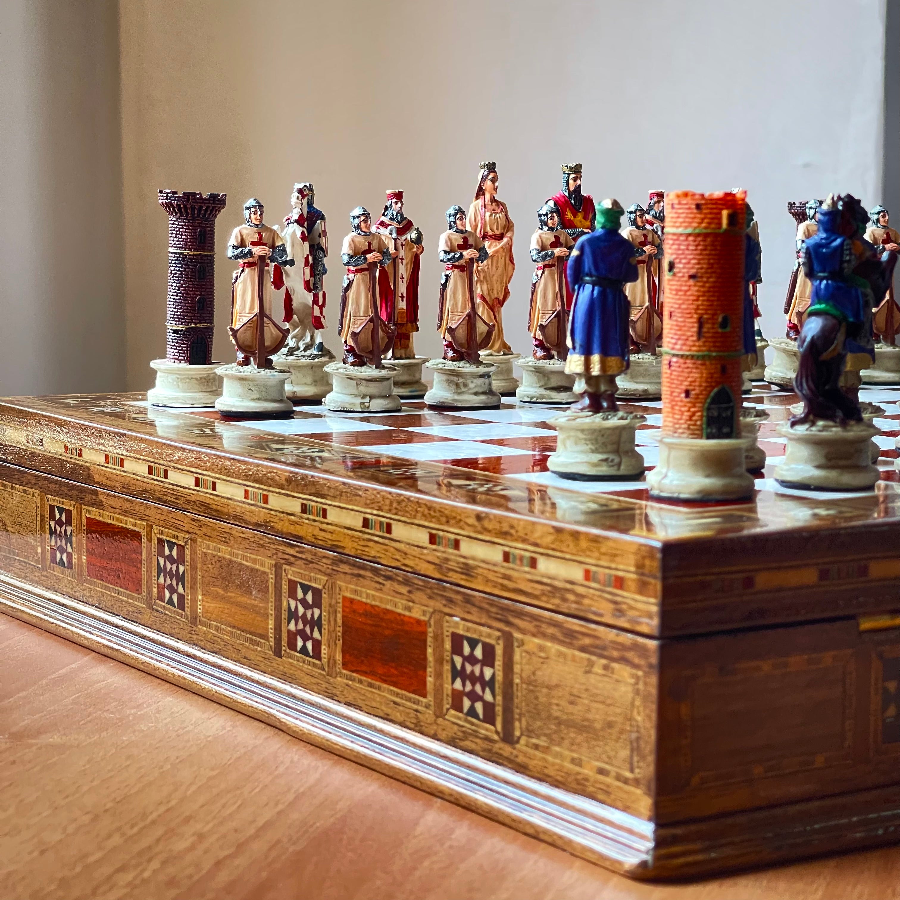 Custom Unique Wooden Storage Chess Set with Crusaders Chess Pieces