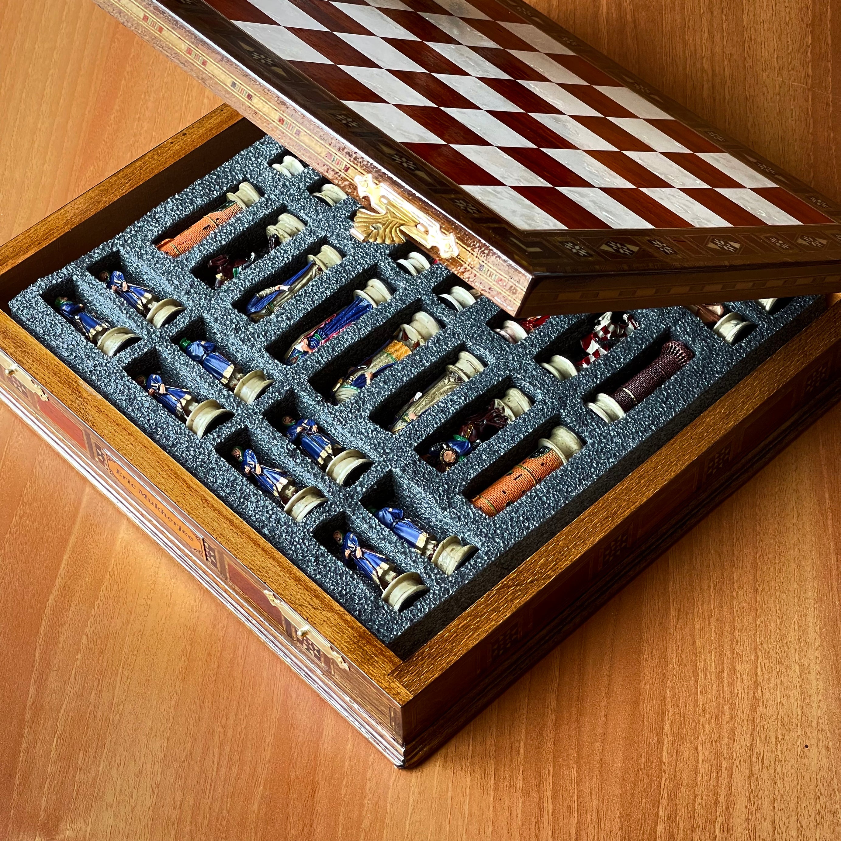 Custom Unique Wooden Storage Chess Set with Crusaders Chess Pieces