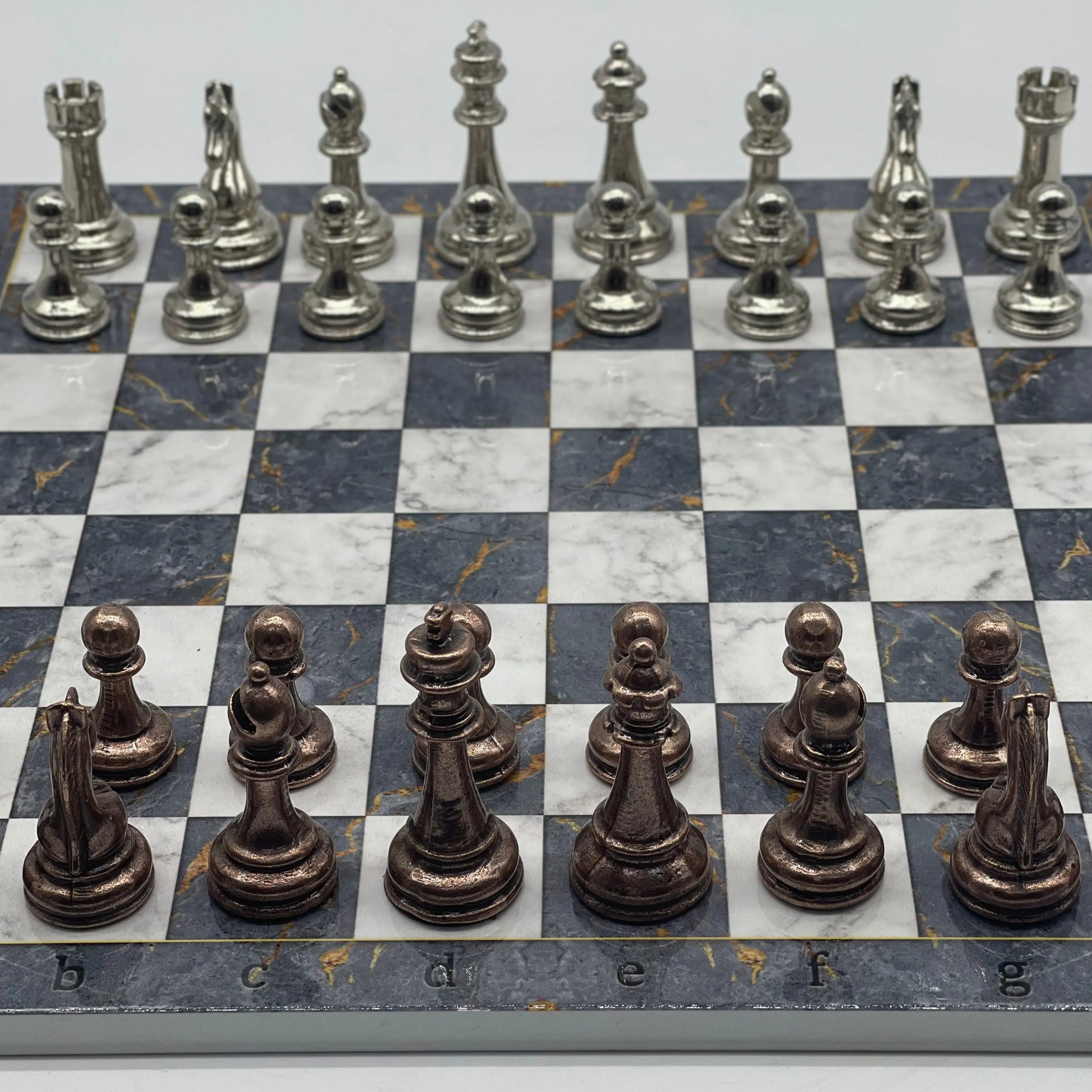 14.5" Handmade Gray Marble Pattern Classic Metal Pieces With Chess Set