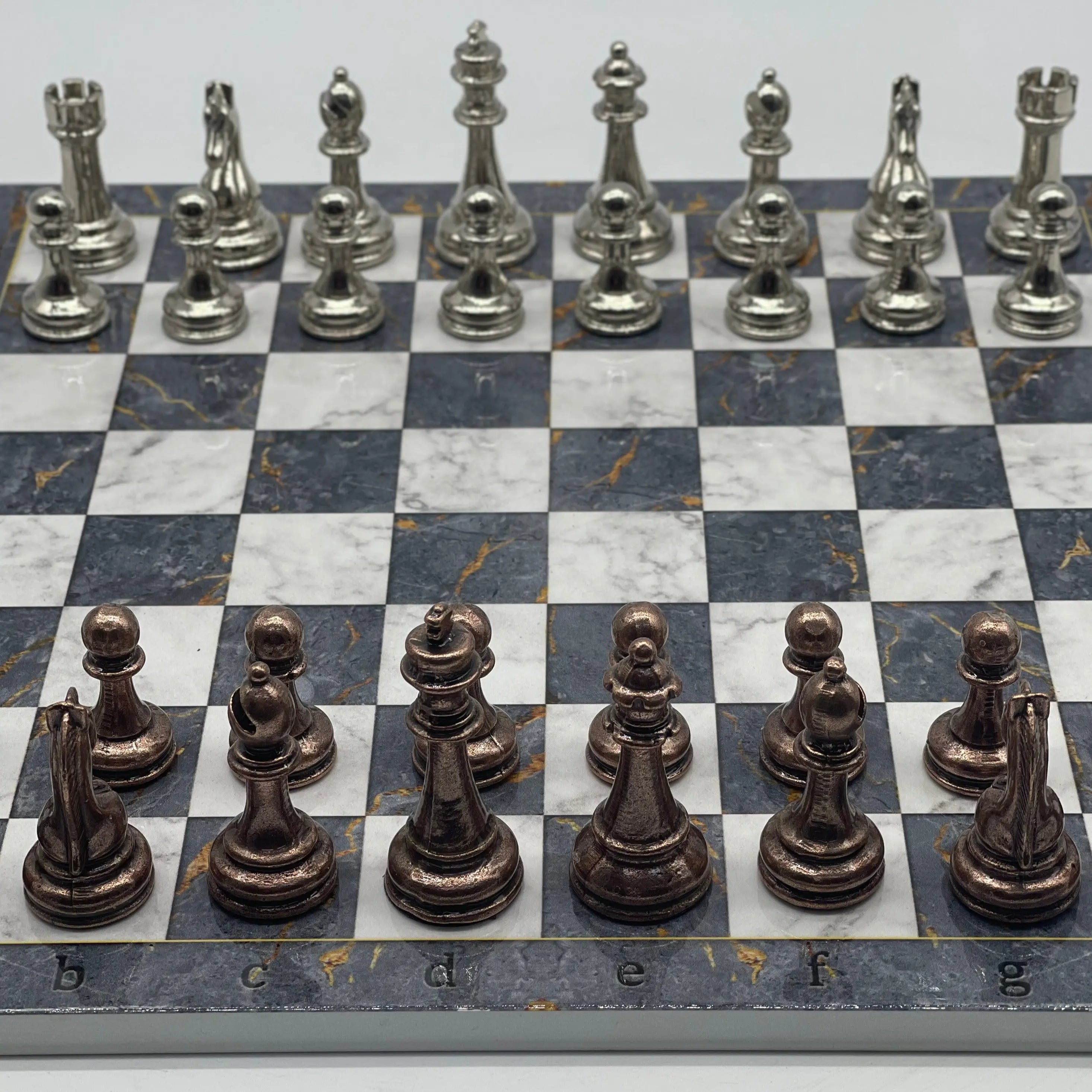 14.5" Handmade Gray Marble Pattern Classic Metal Pieces With Chess Set