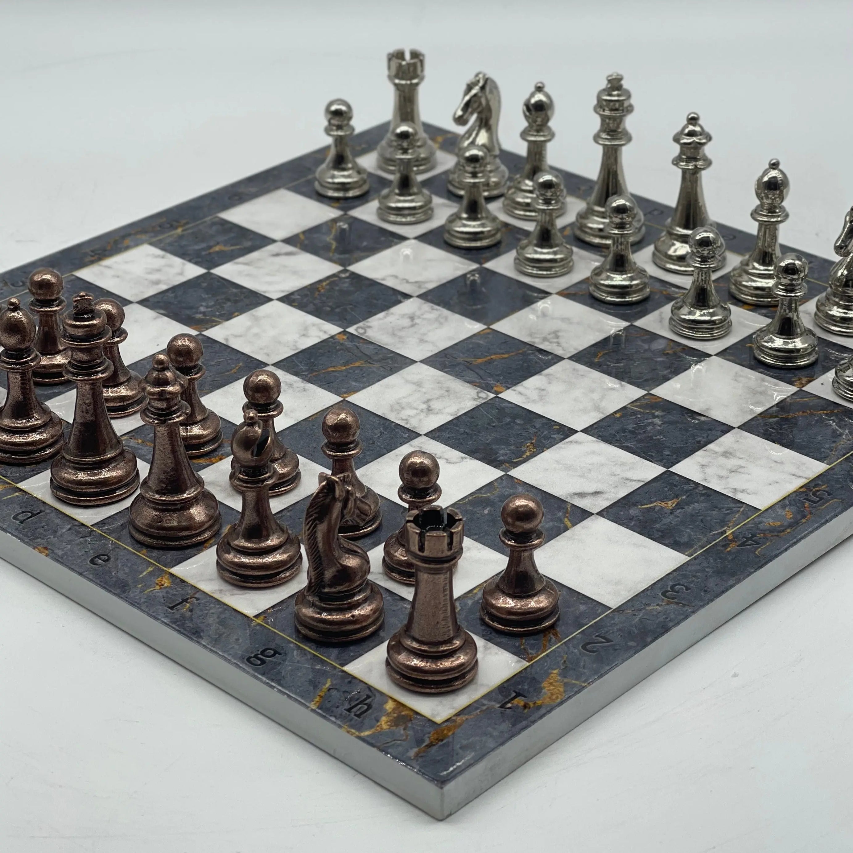 14.5" Handmade Gray Marble Pattern Classic Metal Pieces With Chess Set