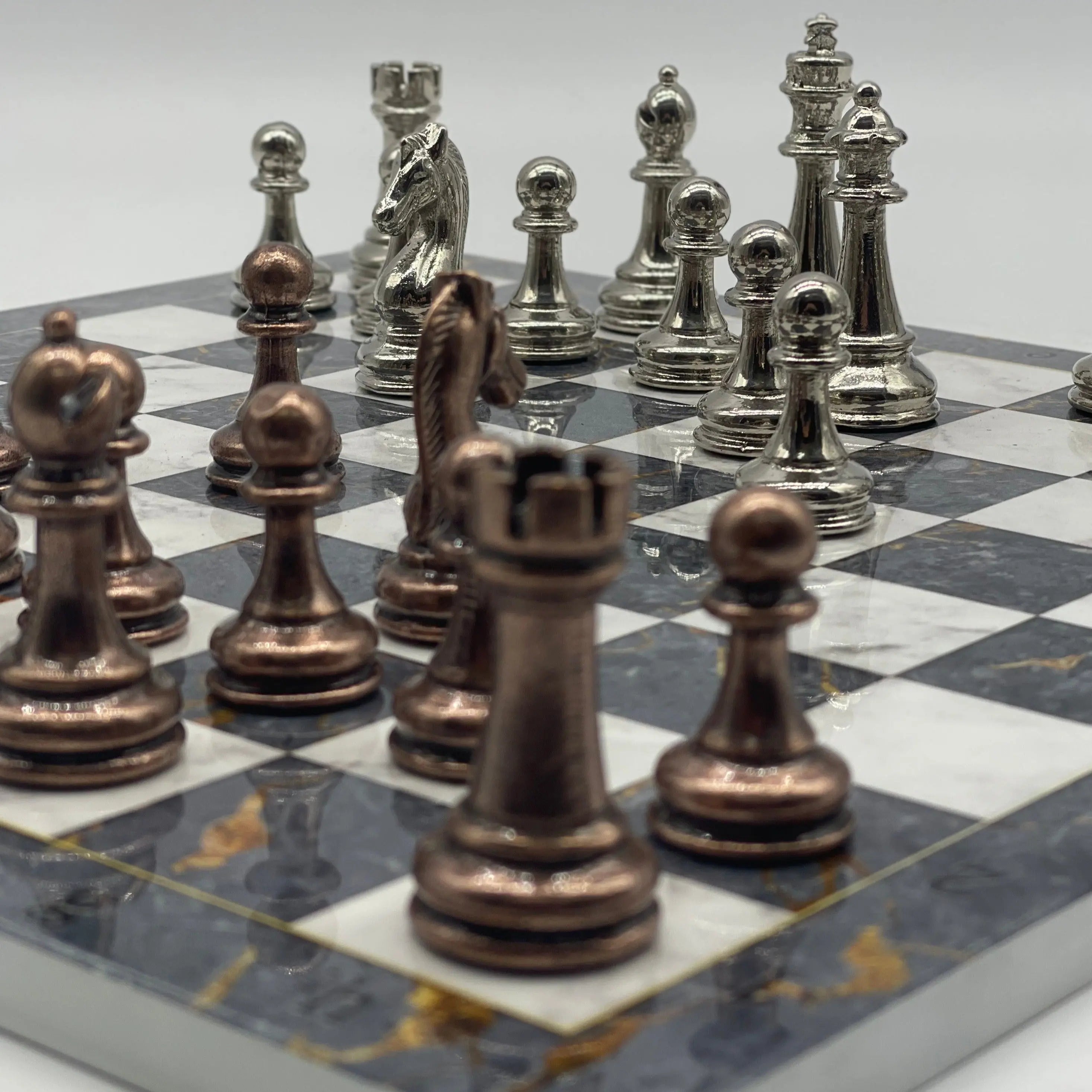 14.5" Handmade Gray Marble Pattern Classic Metal Pieces With Chess Set