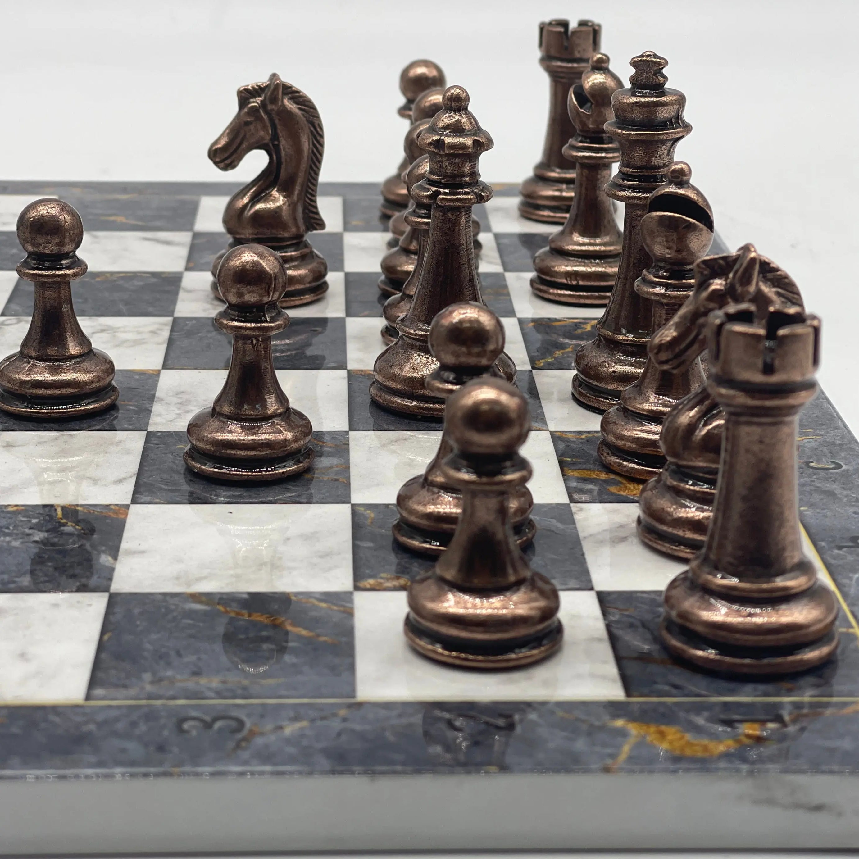 14.5" Handmade Gray Marble Pattern Classic Metal Pieces With Chess Set