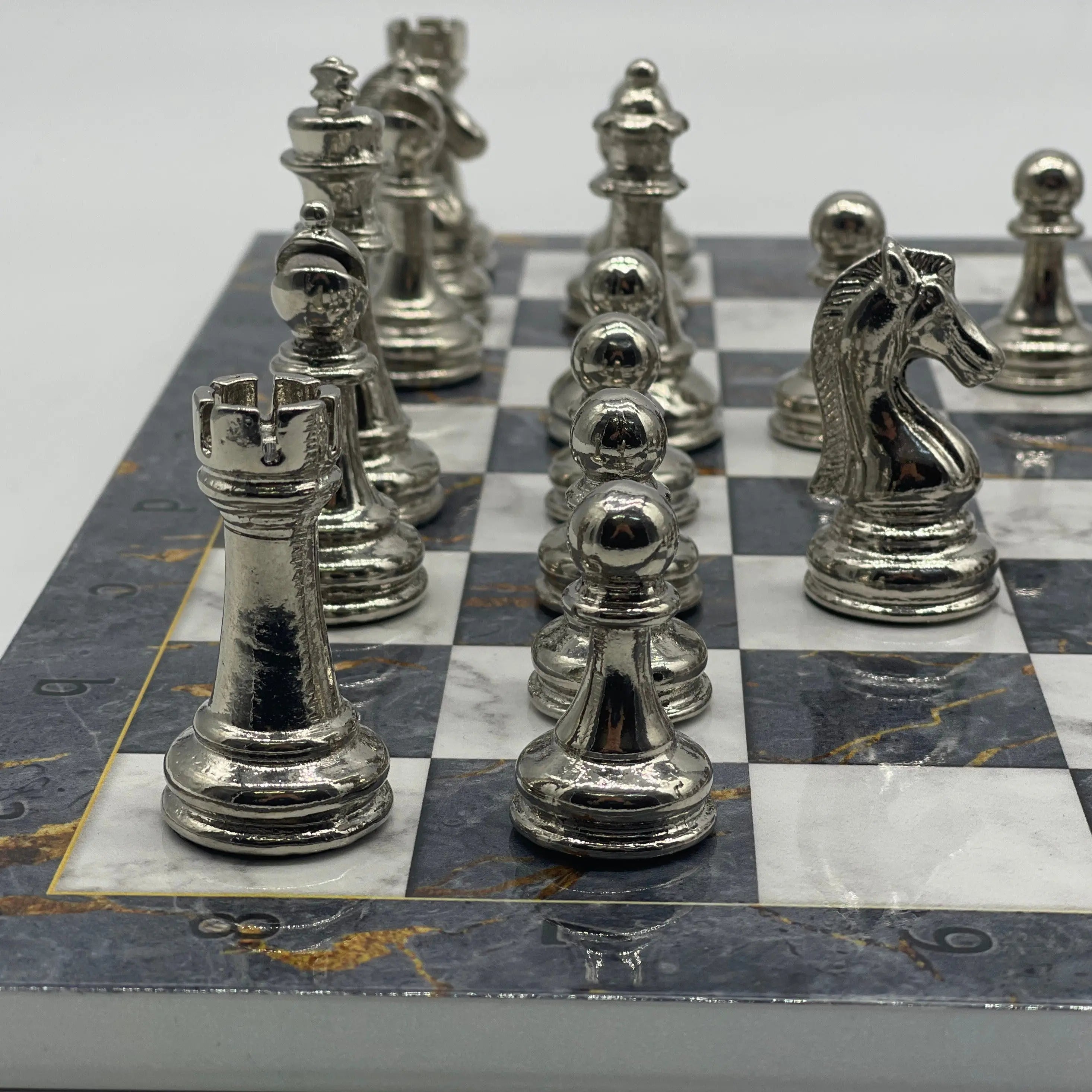 14.5" Handmade Gray Marble Pattern Classic Metal Pieces With Chess Set