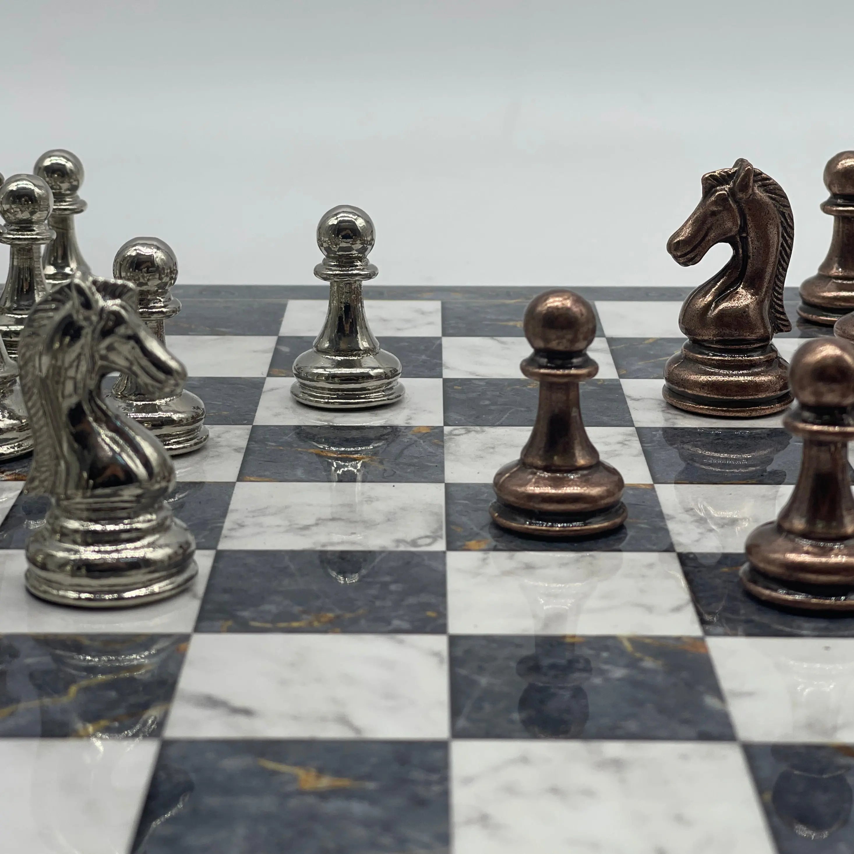 14.5" Handmade Gray Marble Pattern Classic Metal Pieces With Chess Set