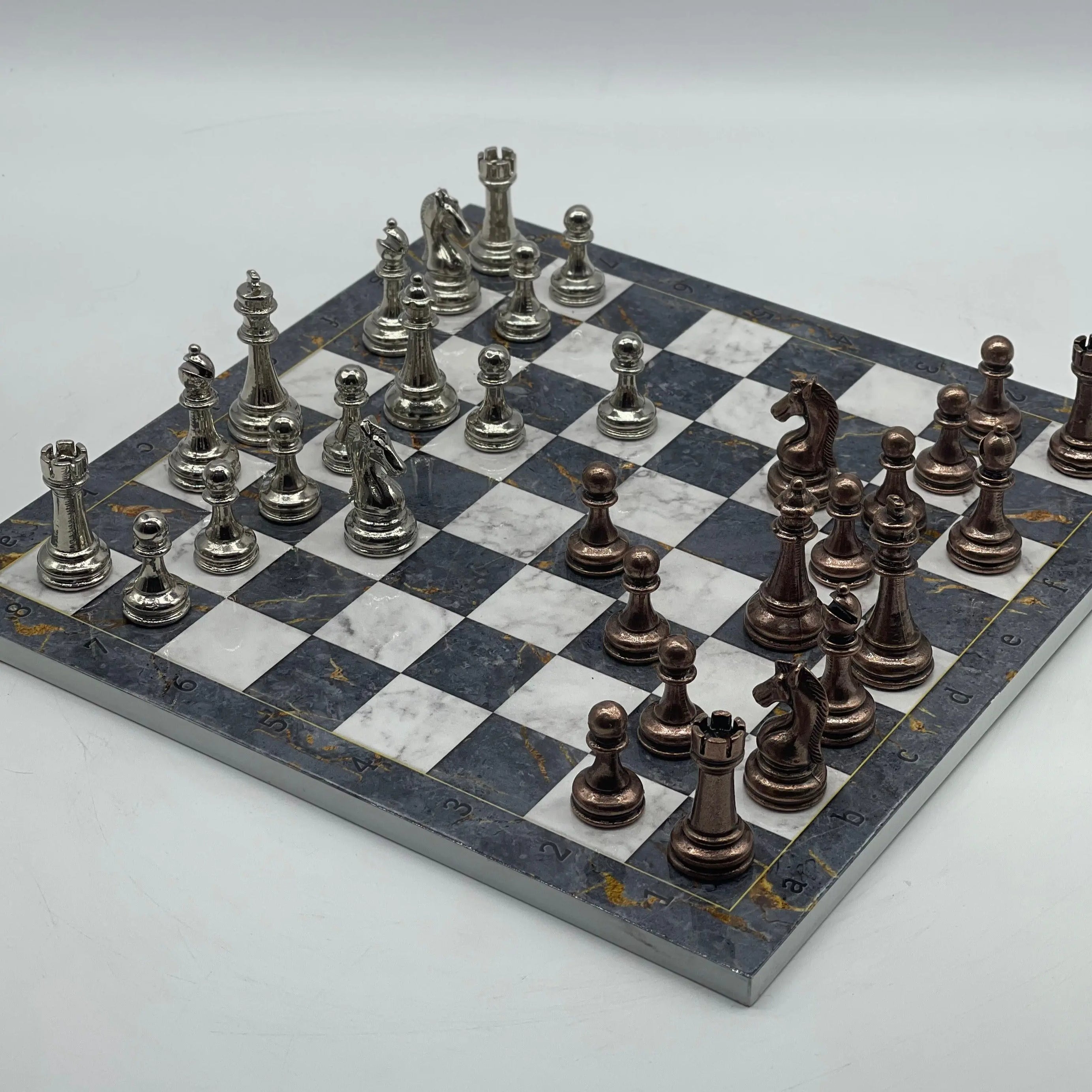 14.5" Handmade Gray Marble Pattern Classic Metal Pieces With Chess Set