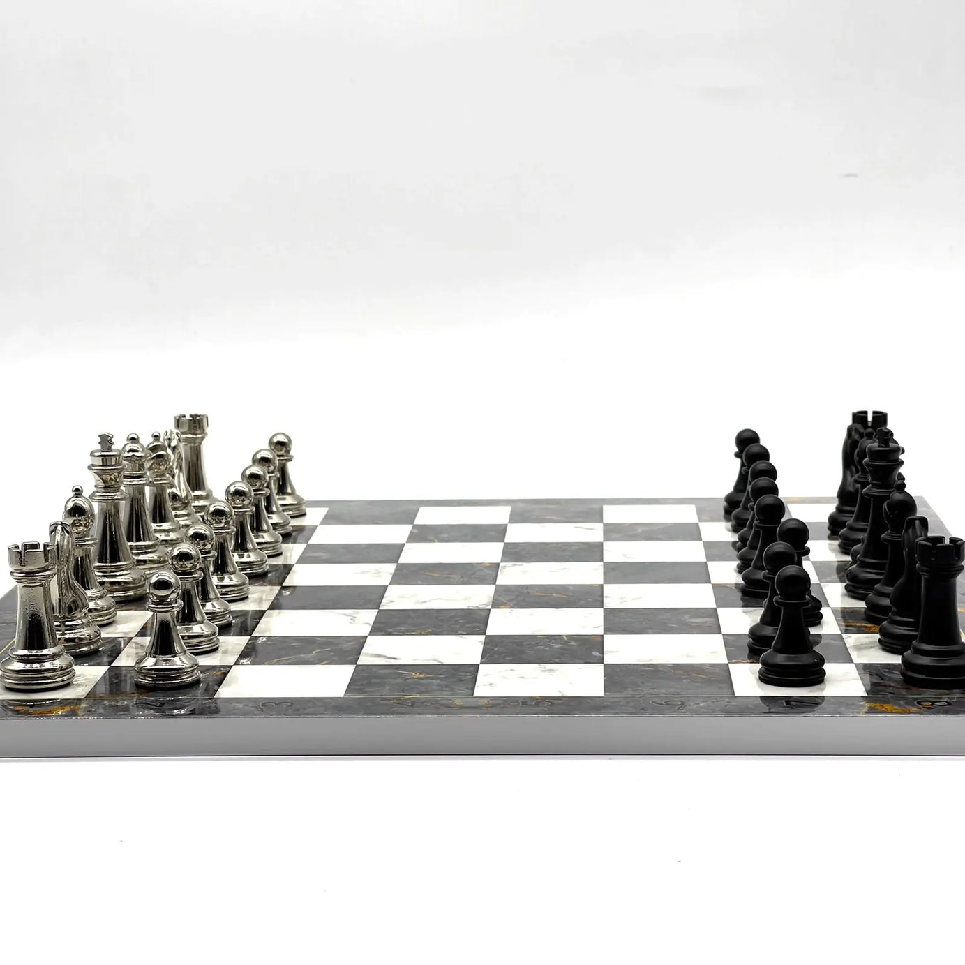 14" Gray Marble Patterned Chess Set With Matte Metal Chess Pieces