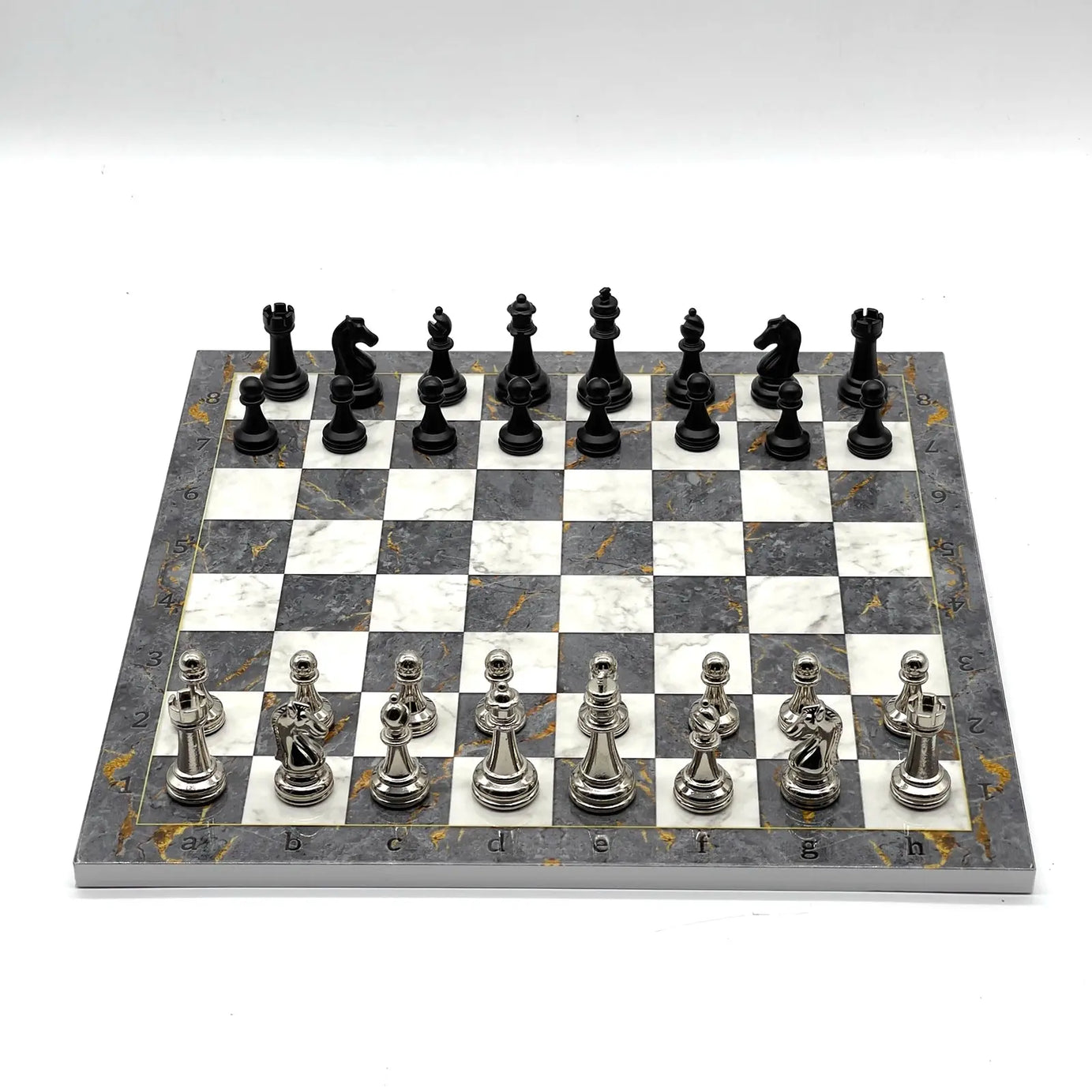 14" Gray Marble Patterned Chess Set With Matte Metal Chess Pieces