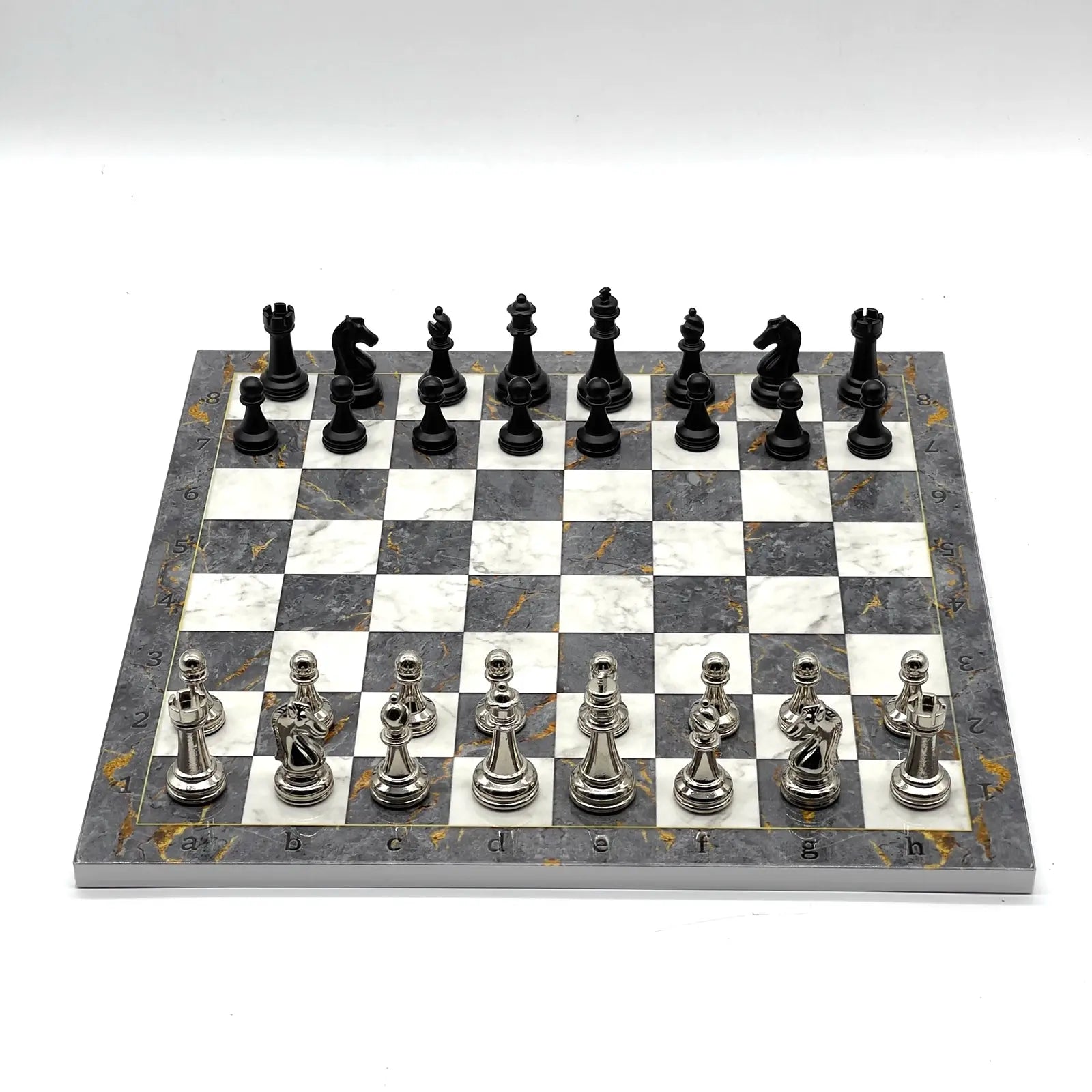 14" Gray Marble Patterned Chess Set With Matte Metal Chess Pieces