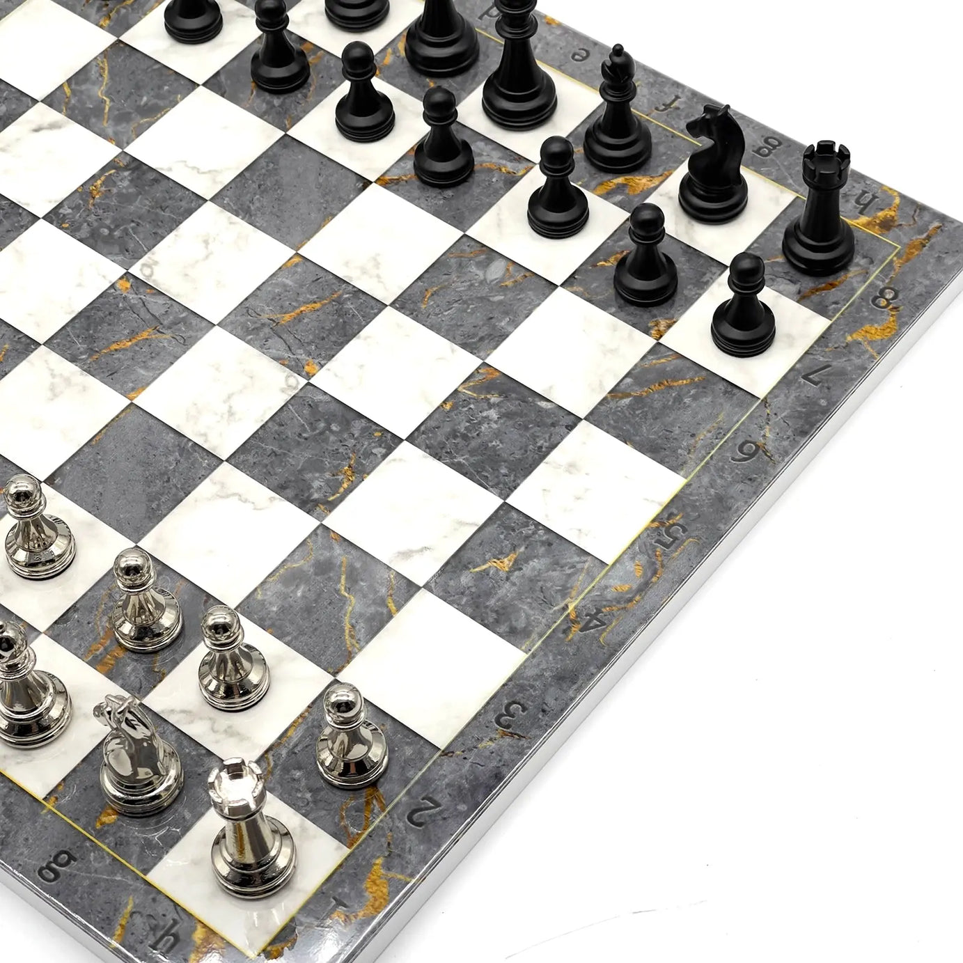 14" Gray Marble Patterned Chess Set With Matte Metal Chess Pieces