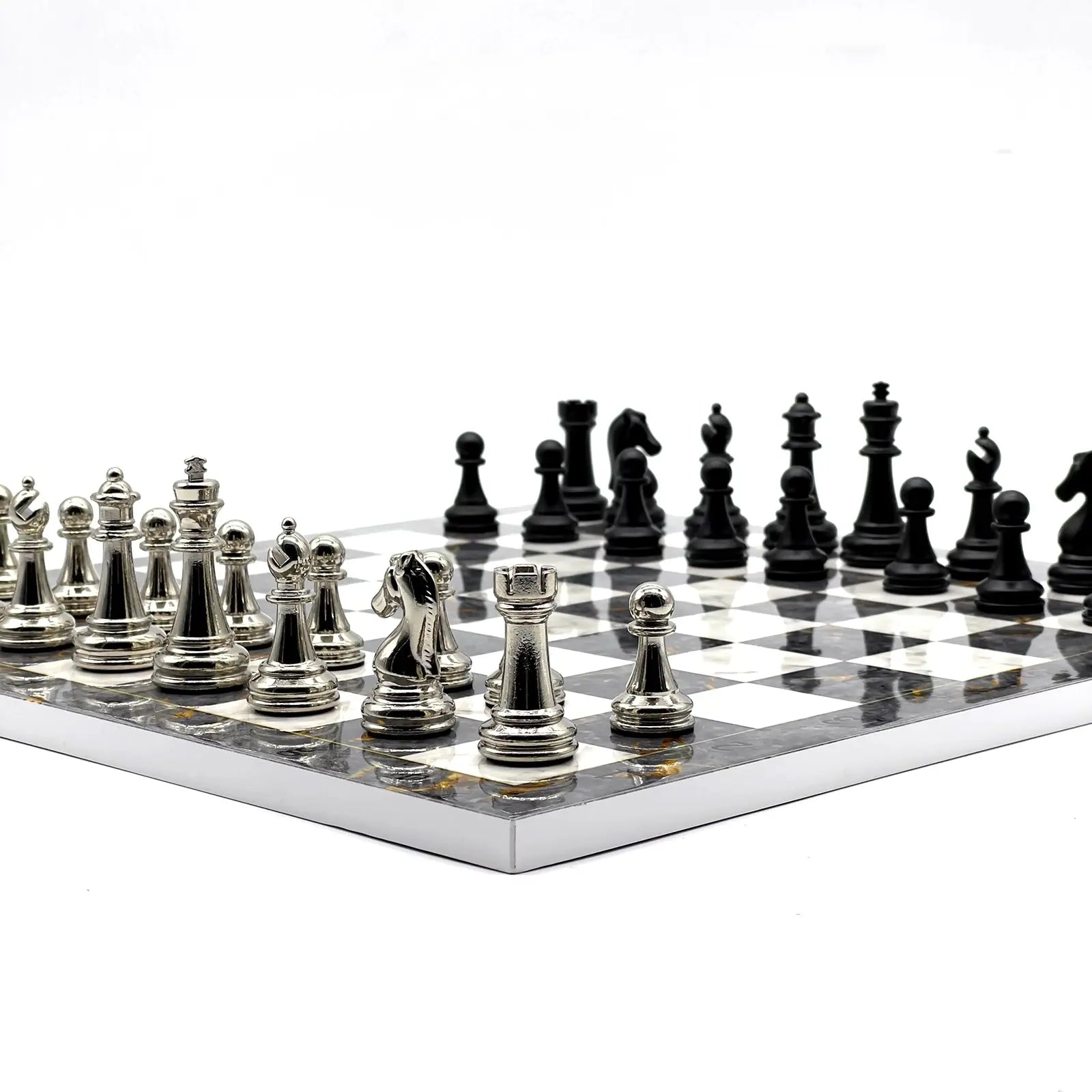 14" Gray Marble Patterned Chess Set With Matte Metal Chess Pieces