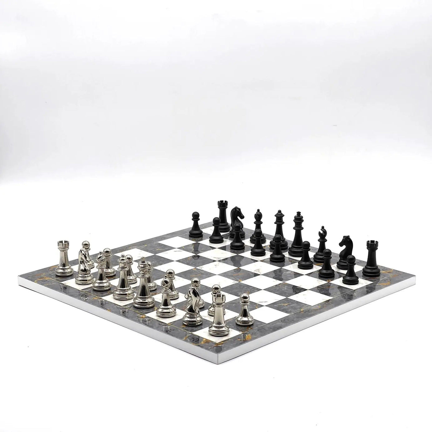 14" Gray Marble Patterned Chess Set With Matte Metal Chess Pieces