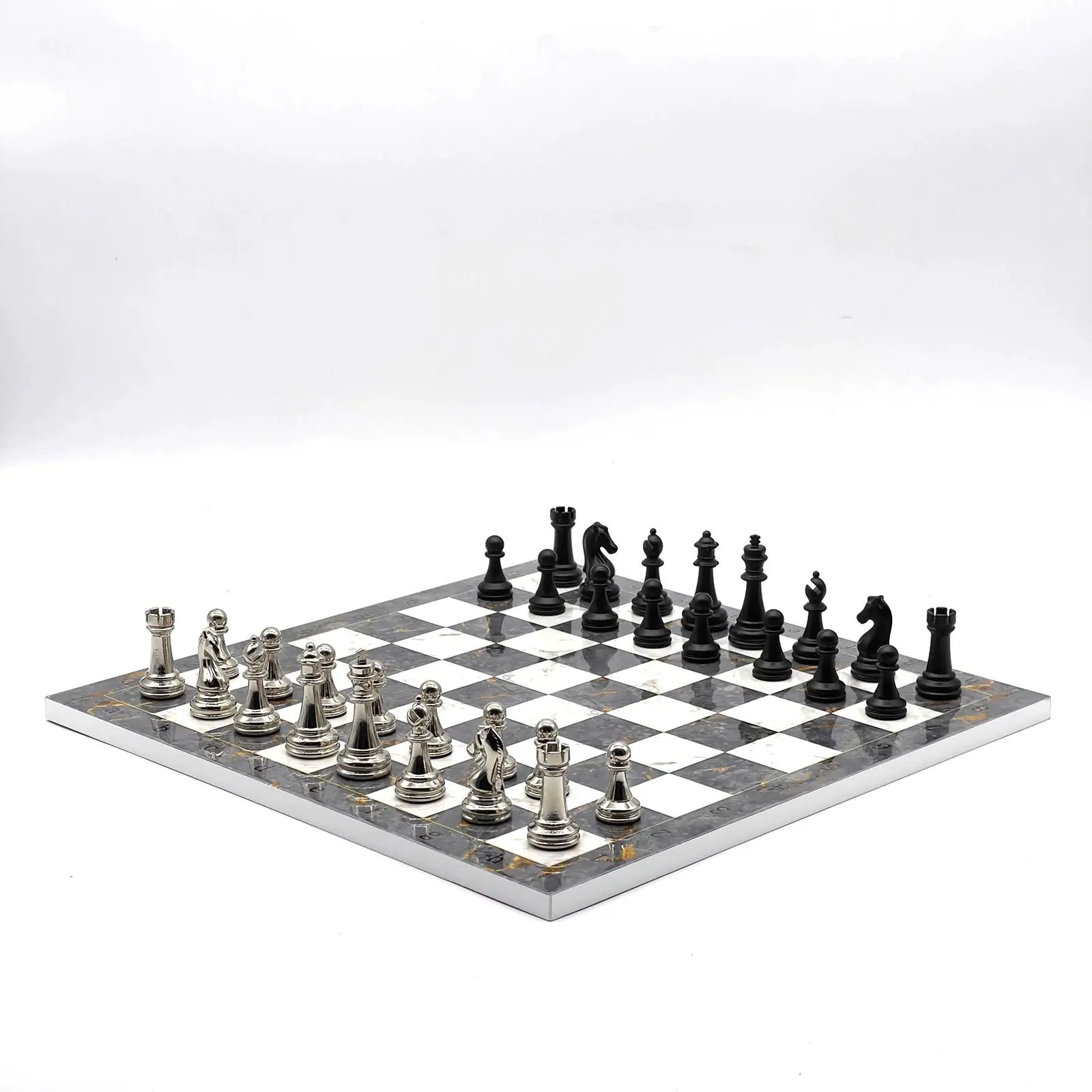14" Gray Marble Patterned Chess Set With Matte Metal Chess Pieces