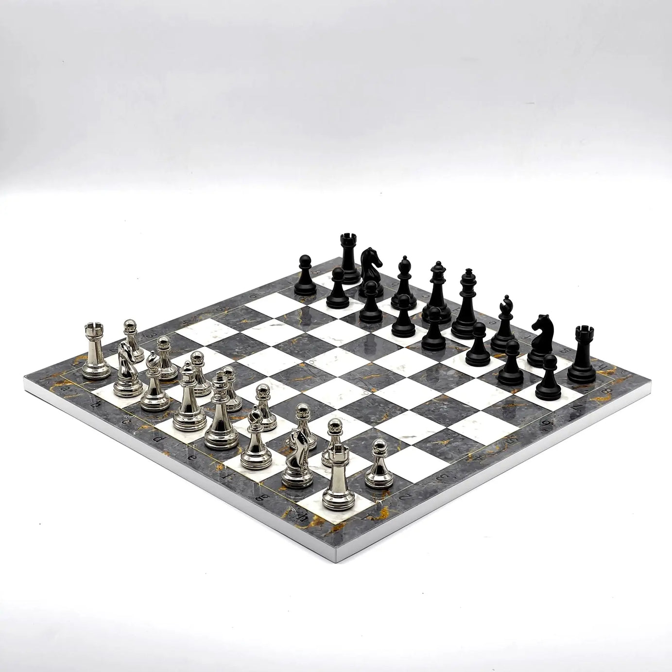 14" Gray Marble Patterned Chess Set With Matte Metal Chess Pieces