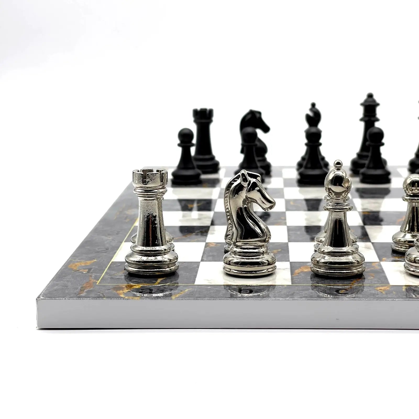 14" Gray Marble Patterned Chess Set With Matte Metal Chess Pieces
