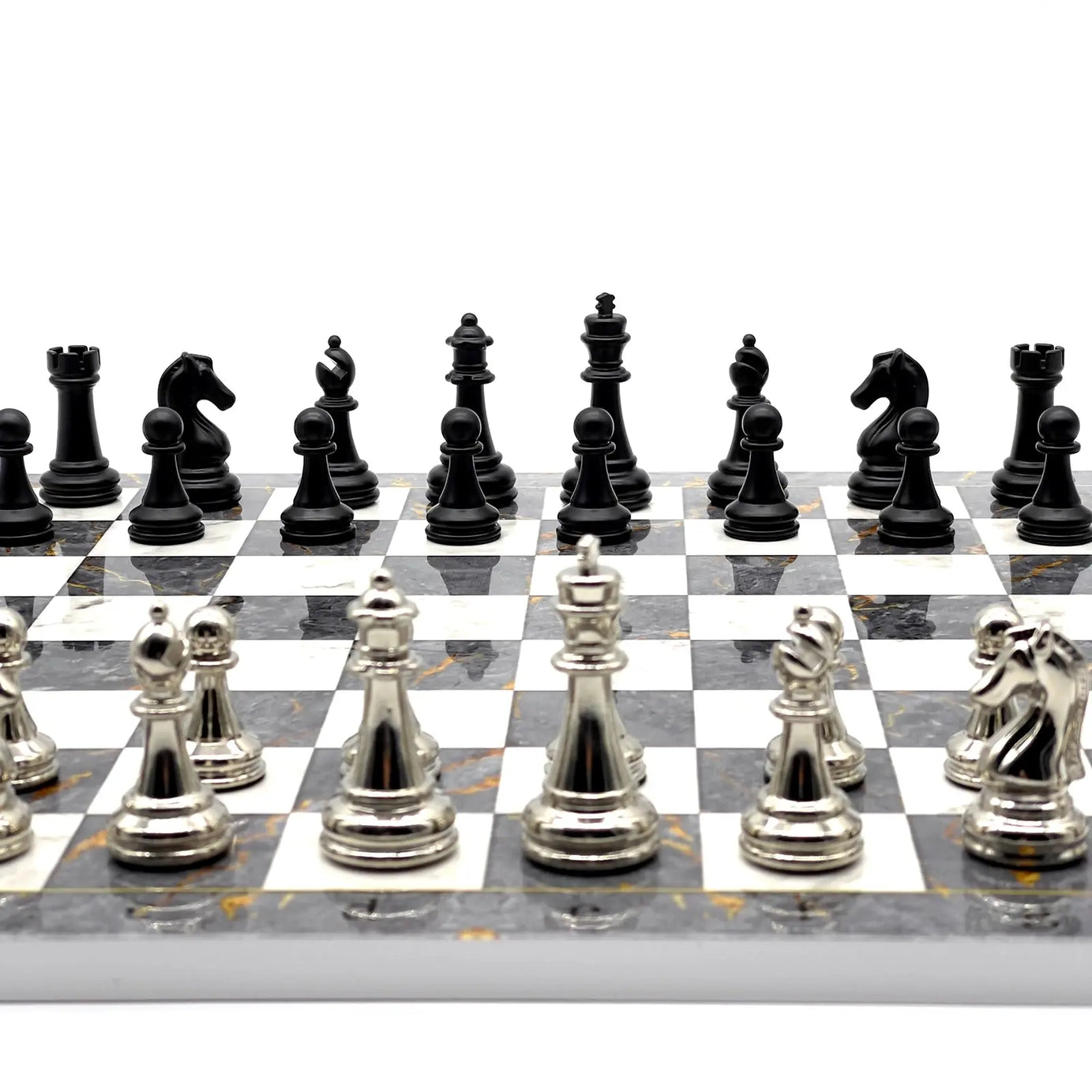 14" Gray Marble Patterned Chess Set With Matte Metal Chess Pieces
