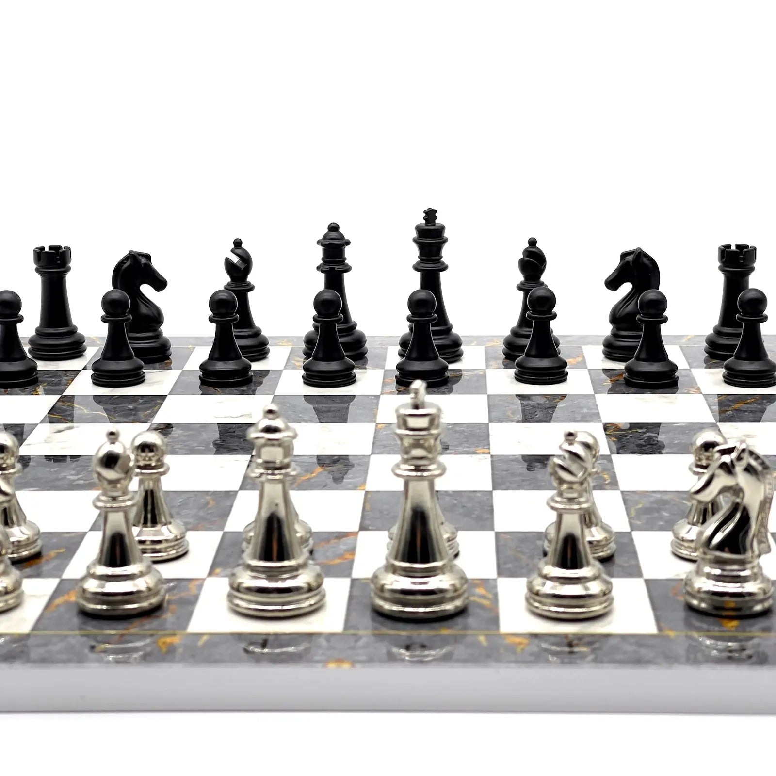 14" Gray Marble Patterned Chess Set With Matte Metal Chess Pieces