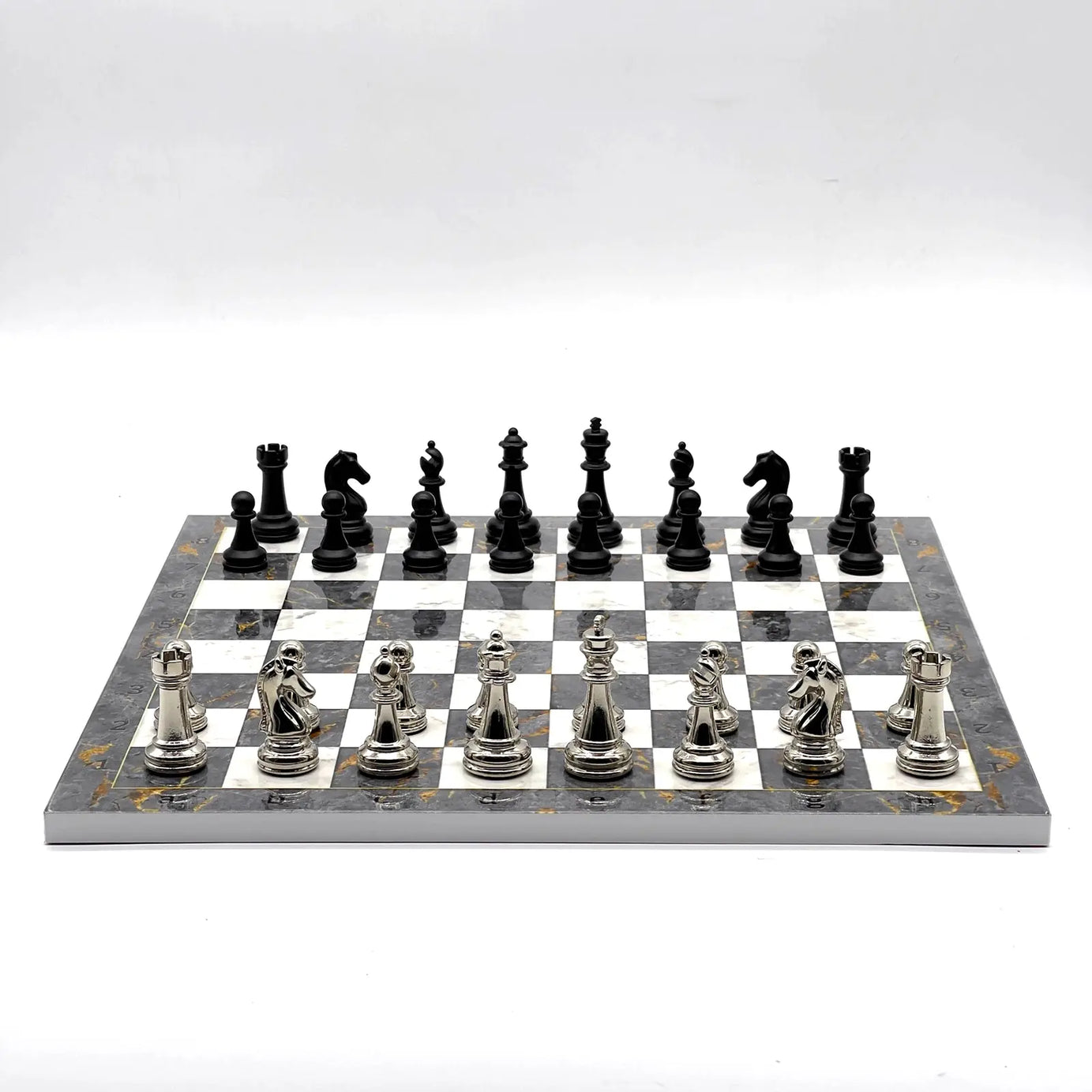 14" Gray Marble Patterned Chess Set With Matte Metal Chess Pieces