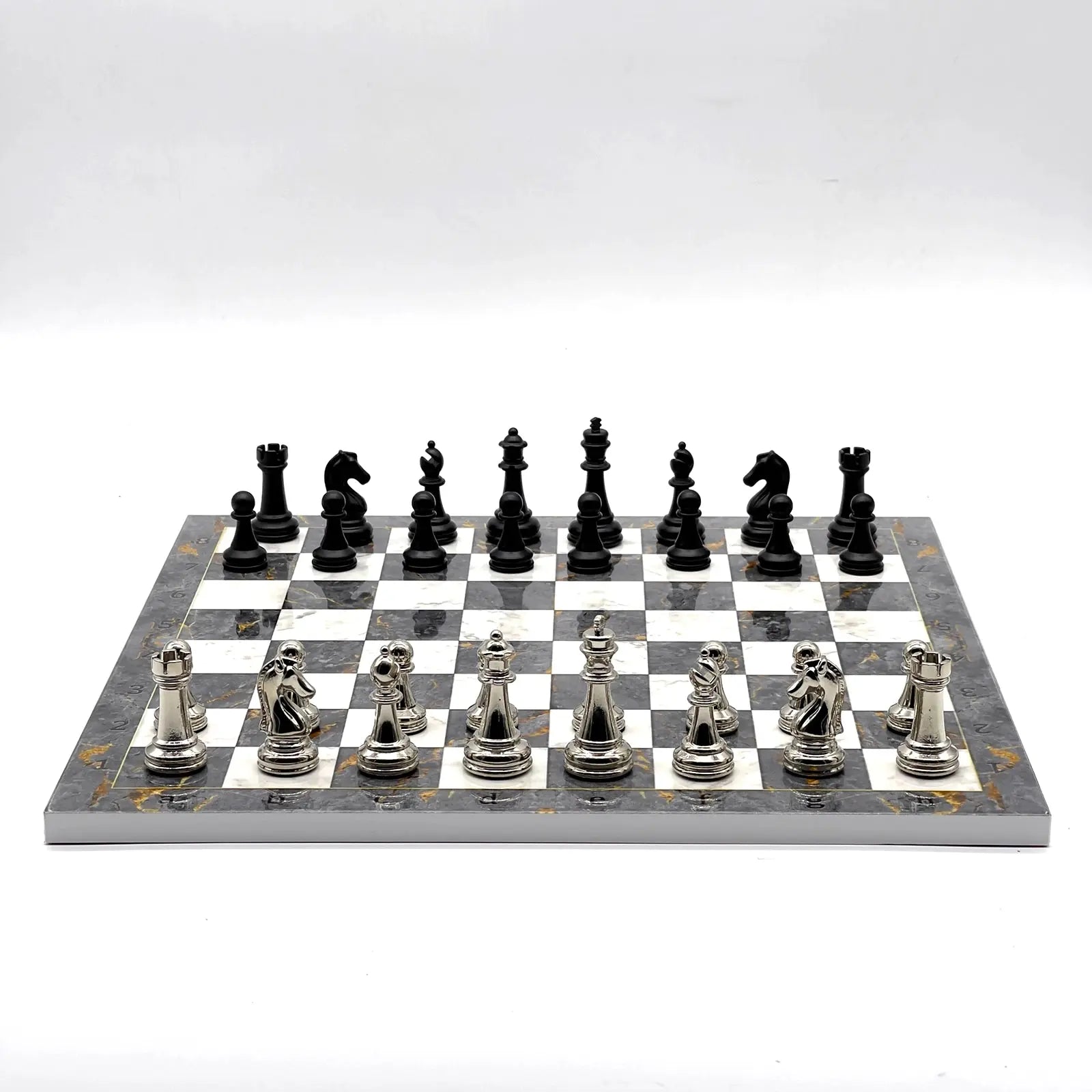 14" Gray Marble Patterned Chess Set With Matte Metal Chess Pieces