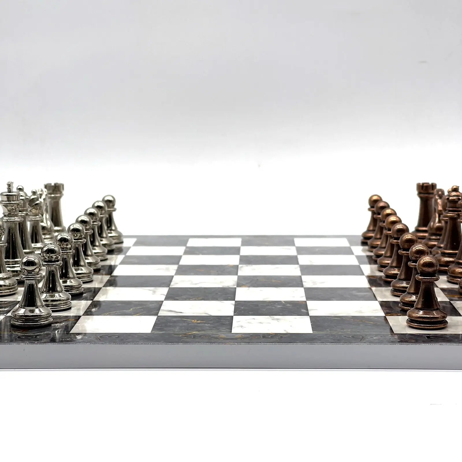 14" Gray Marble Patterned Chess Set With Classic Metal Chess Pieces