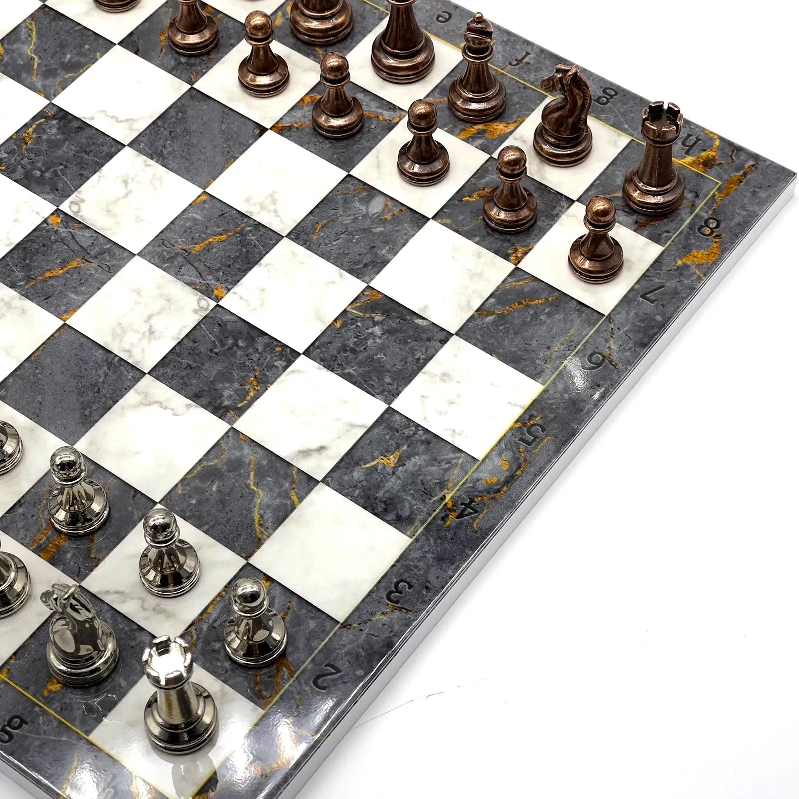 14" Gray Marble Patterned Chess Set With Classic Metal Chess Pieces