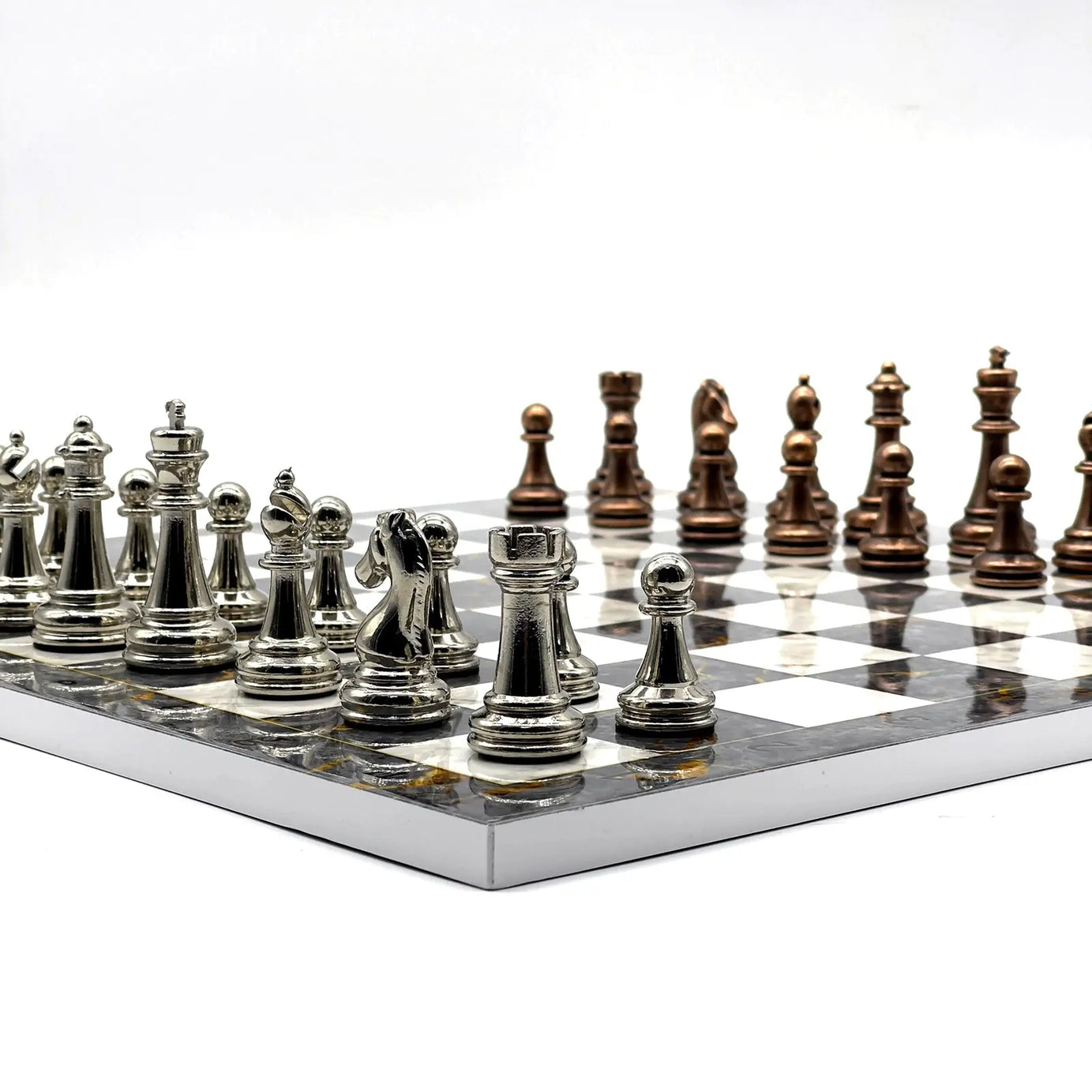 14" Gray Marble Patterned Chess Set With Classic Metal Chess Pieces