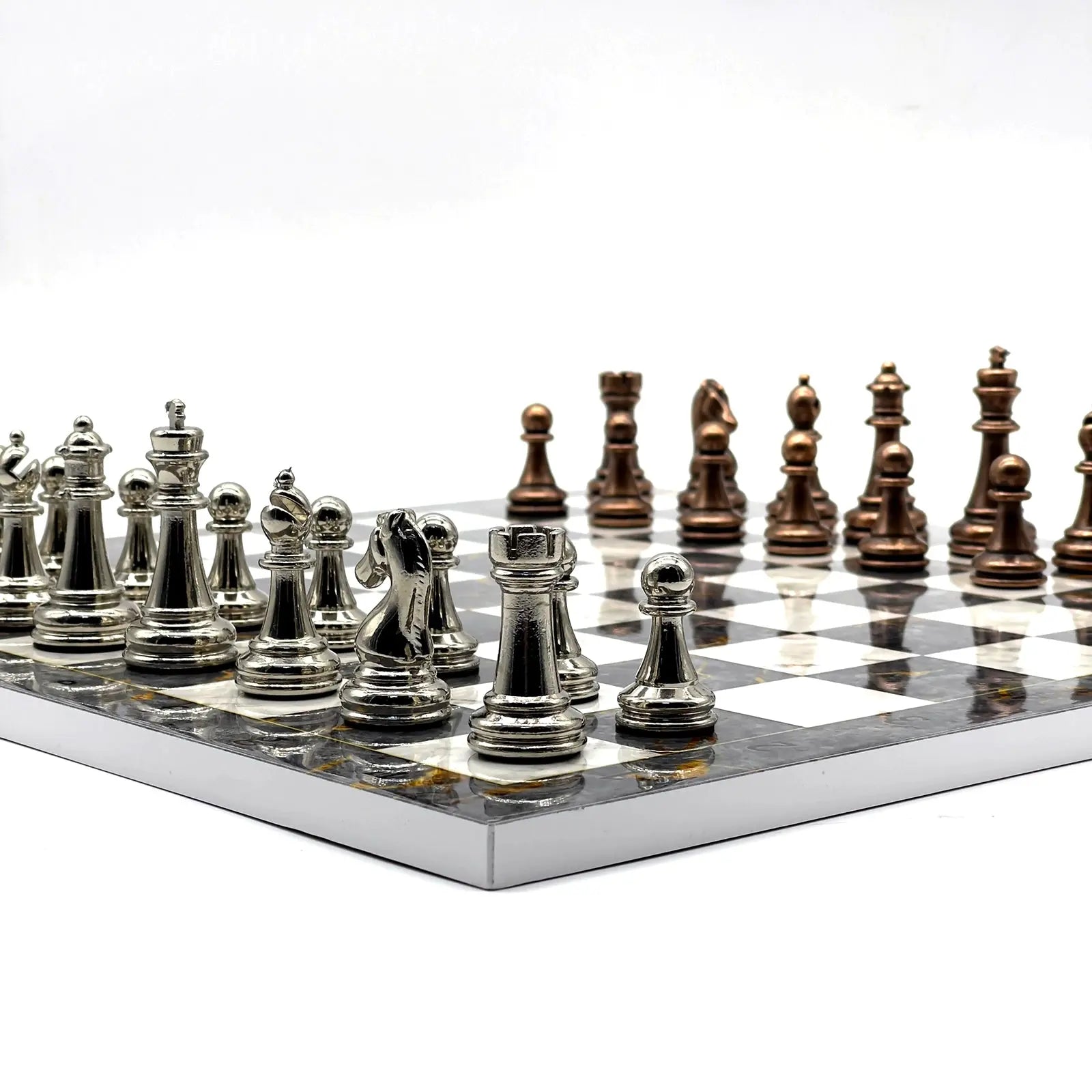 14" Gray Marble Patterned Chess Set With Classic Metal Chess Pieces