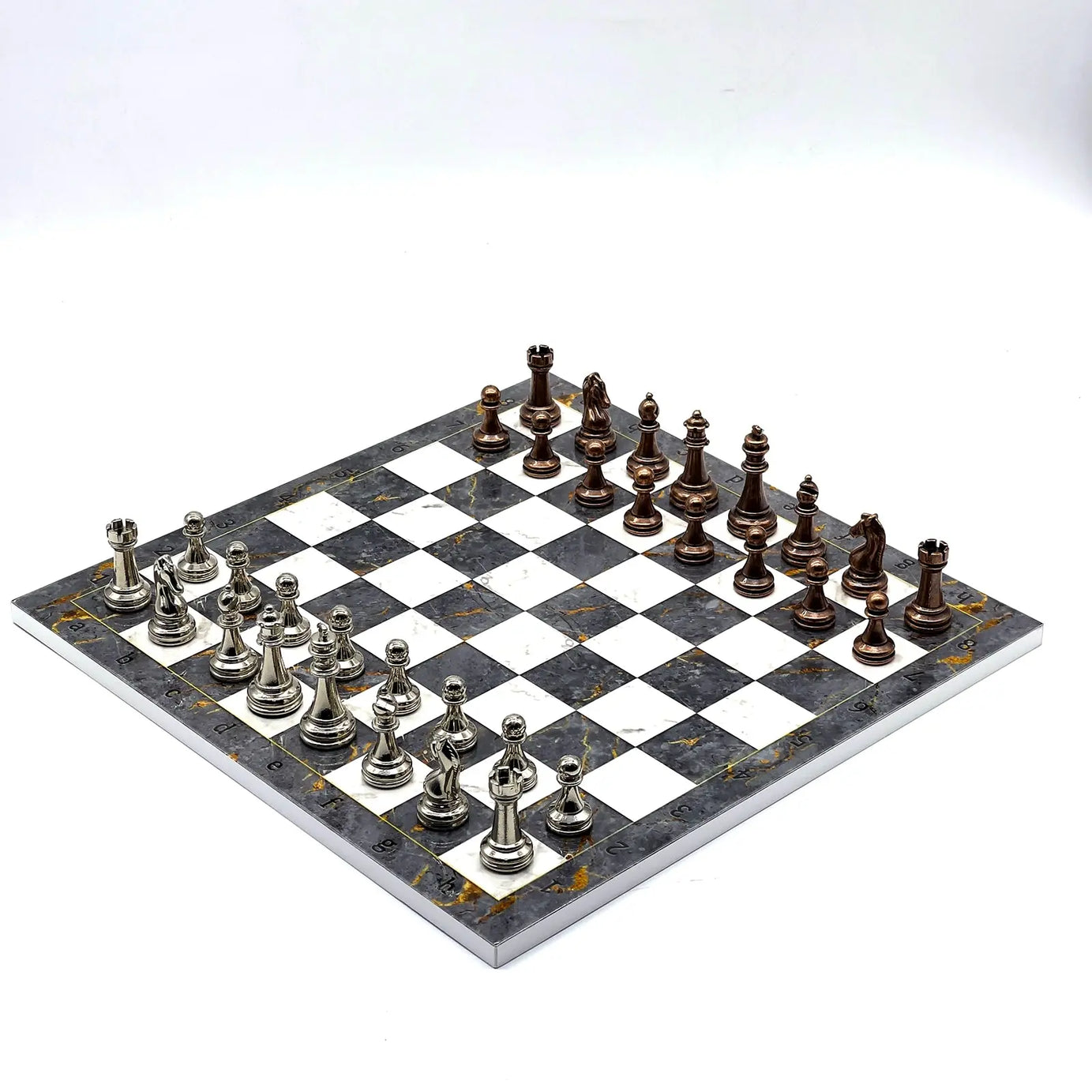 14" Gray Marble Patterned Chess Set With Classic Metal Chess Pieces