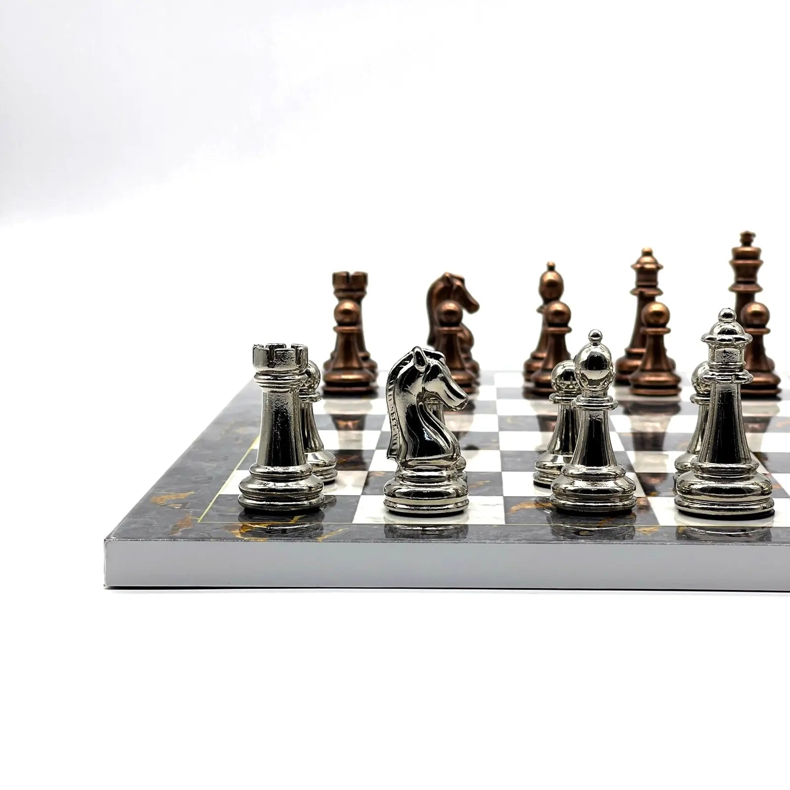 14" Gray Marble Patterned Chess Set With Classic Metal Chess Pieces