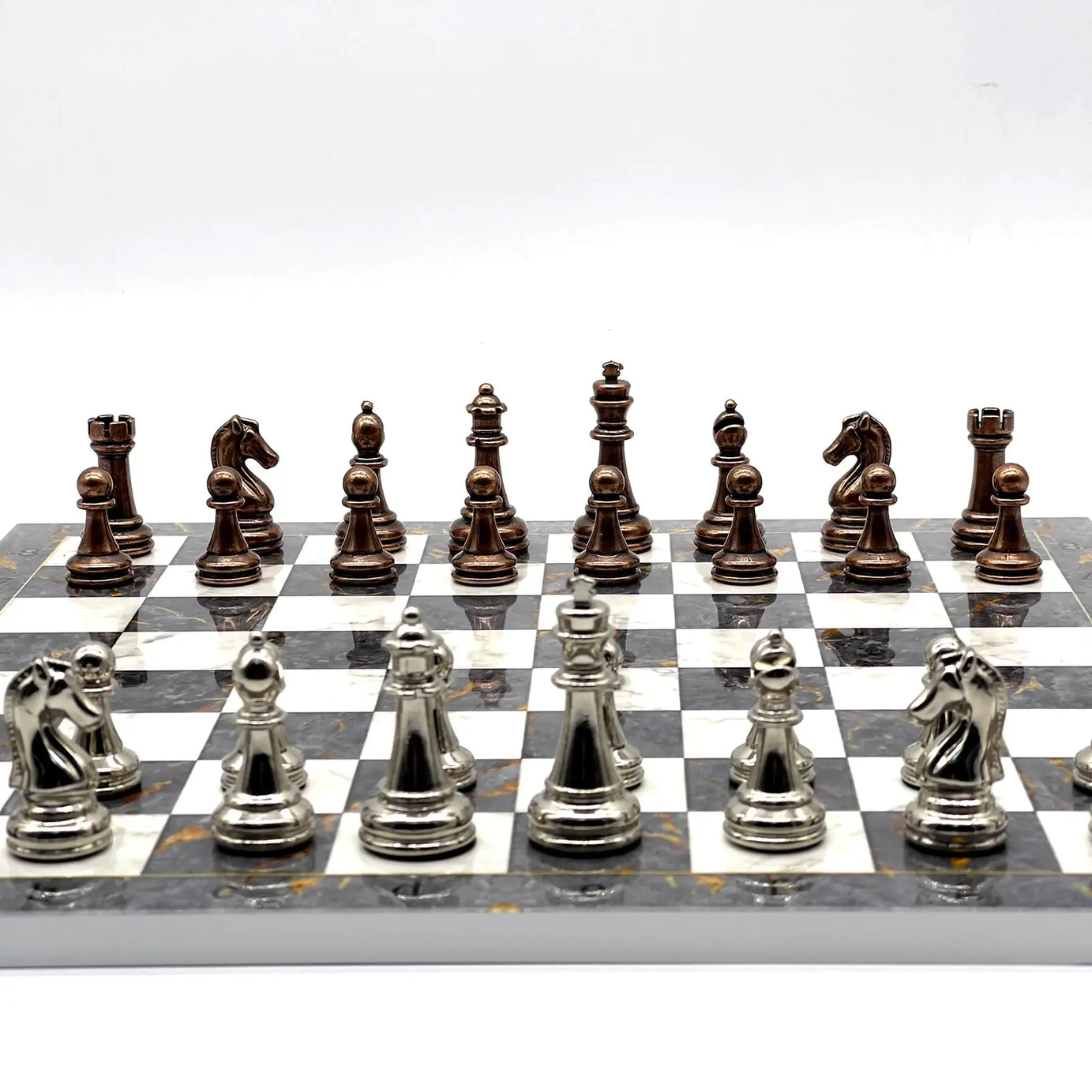14" Gray Marble Patterned Chess Set With Classic Metal Chess Pieces