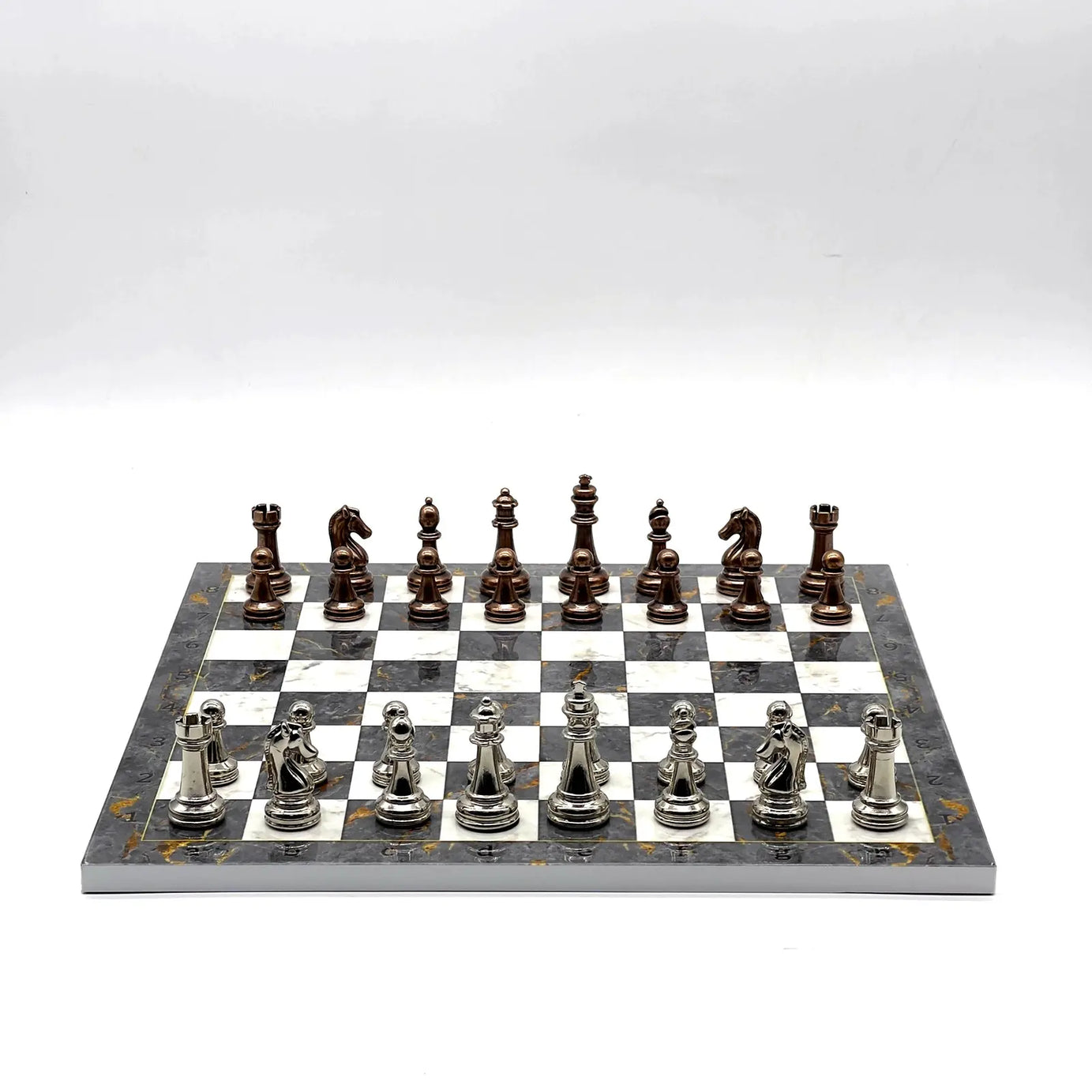 14" Gray Marble Patterned Chess Set With Classic Metal Chess Pieces