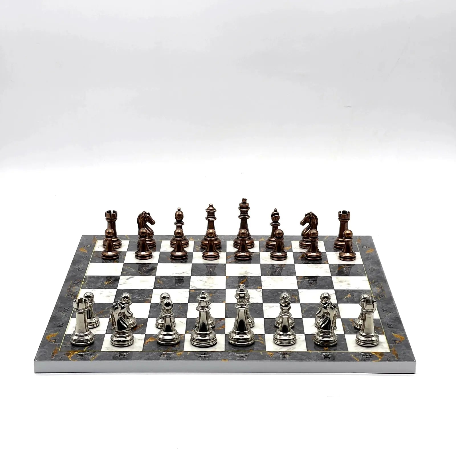 14" Gray Marble Patterned Chess Set With Classic Metal Chess Pieces