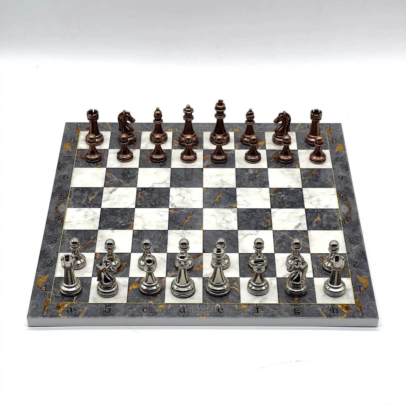 14" Gray Marble Patterned Chess Set With Classic Metal Chess Pieces