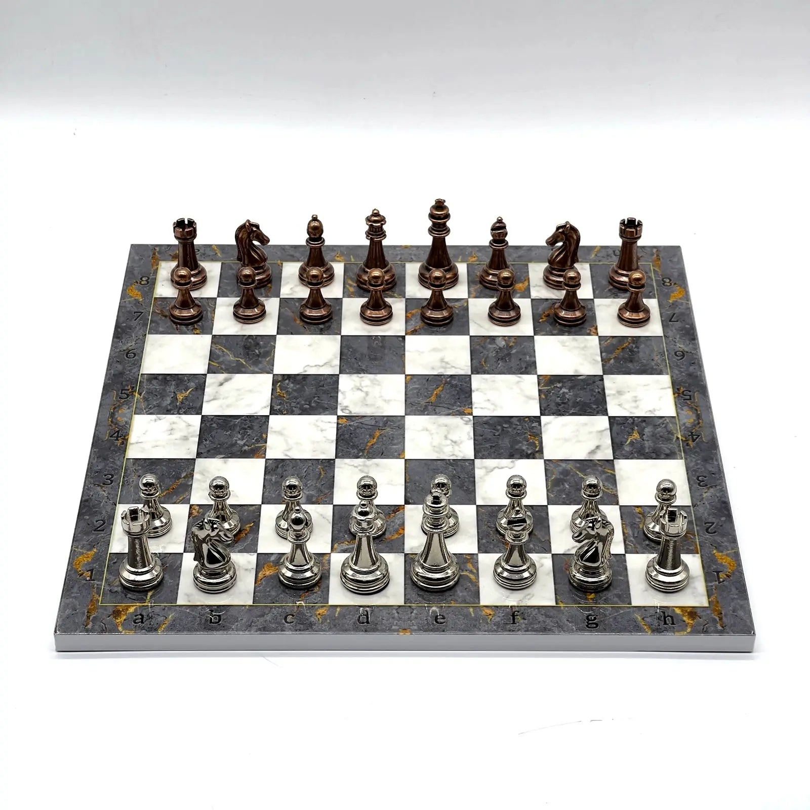 14" Gray Marble Patterned Chess Set With Classic Metal Chess Pieces