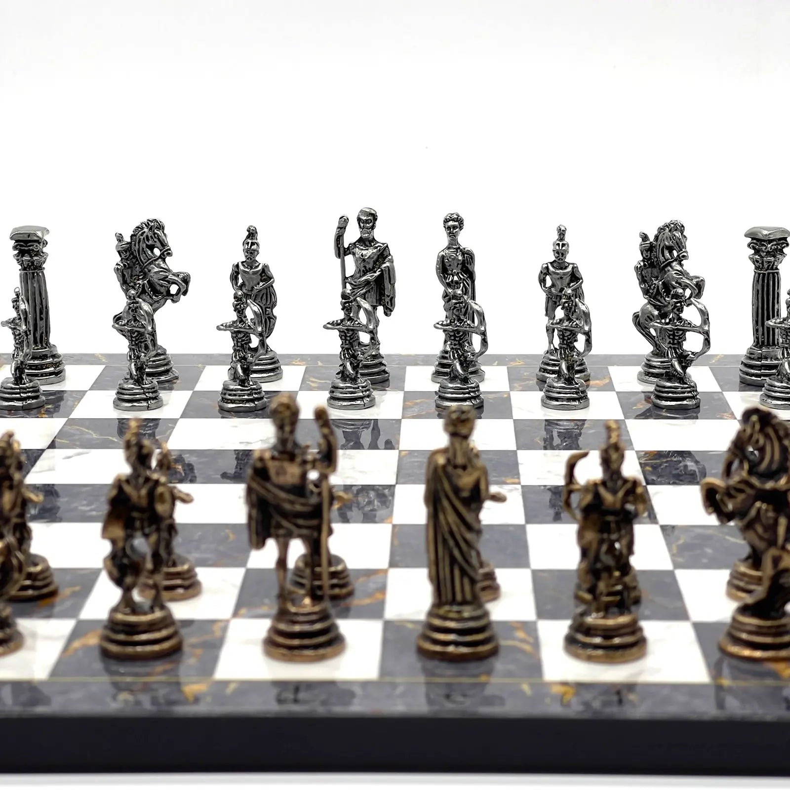 11.8" Gray Marble Pattern Chess Set With Crusaders Metal Chess Pieces