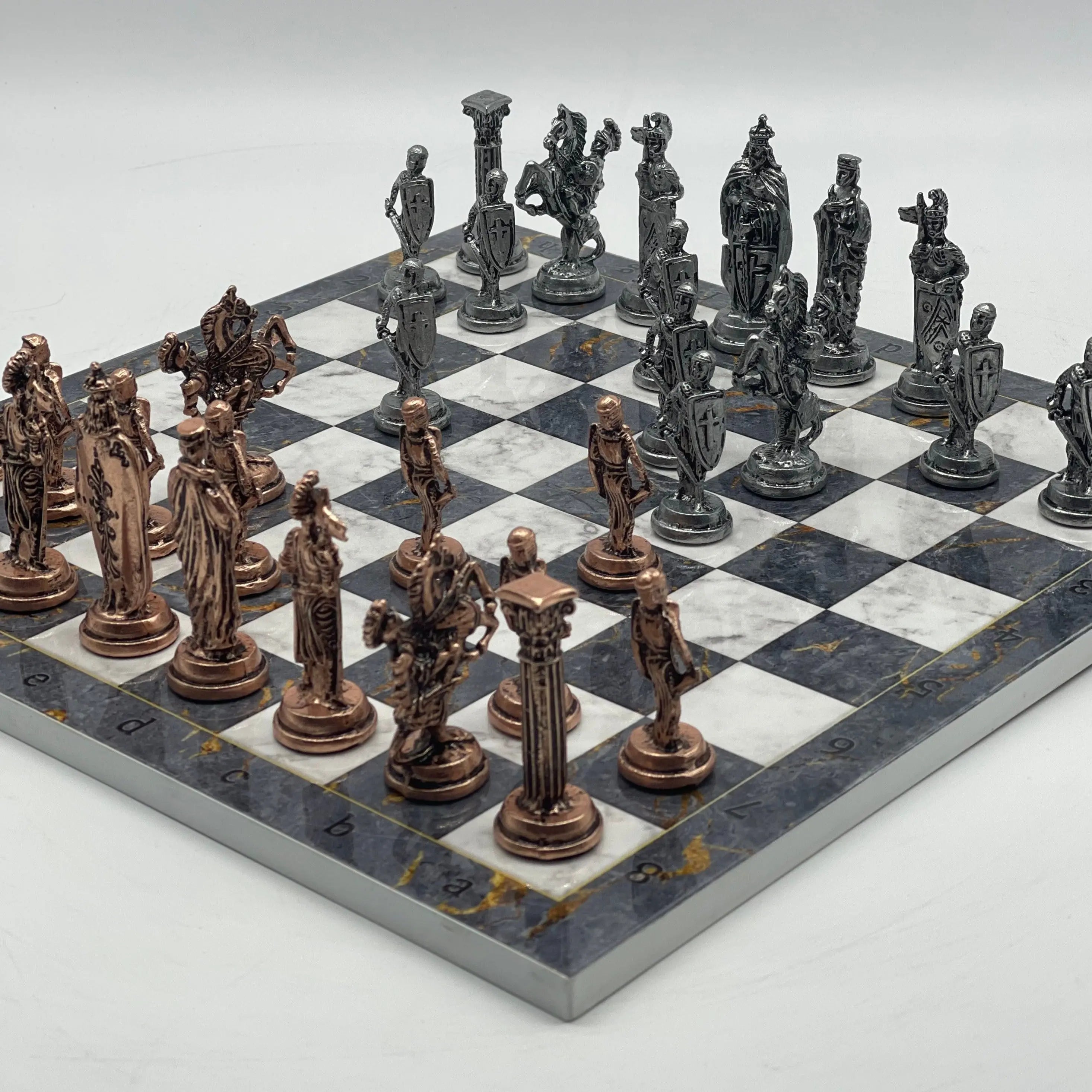 14.5" Handmade Gray Marble Pattern British Metal Pieces With Chess Set