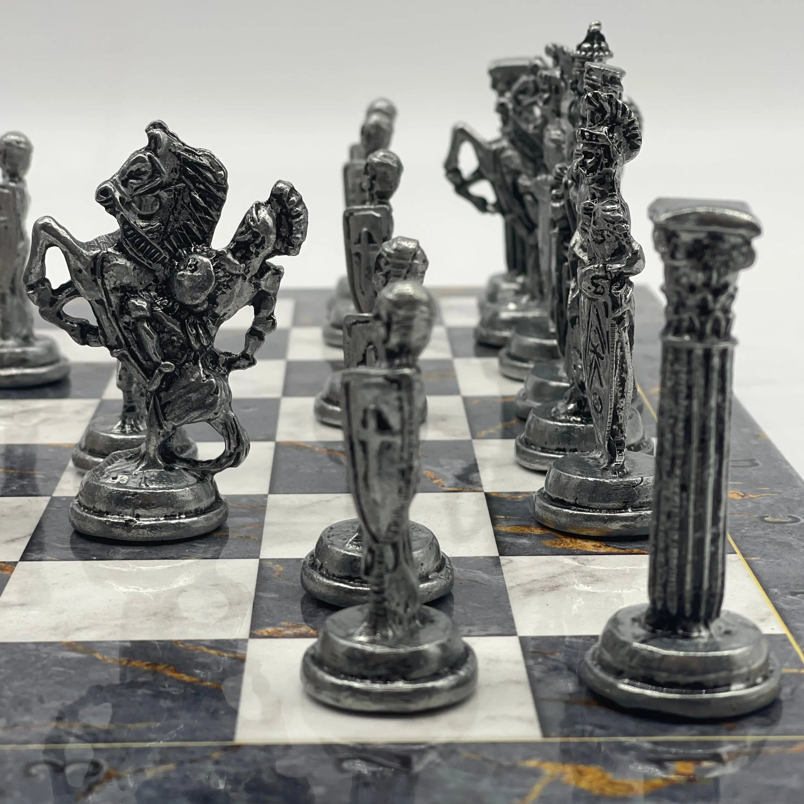 14.5" Handmade Gray Marble Pattern British Metal Pieces With Chess Set