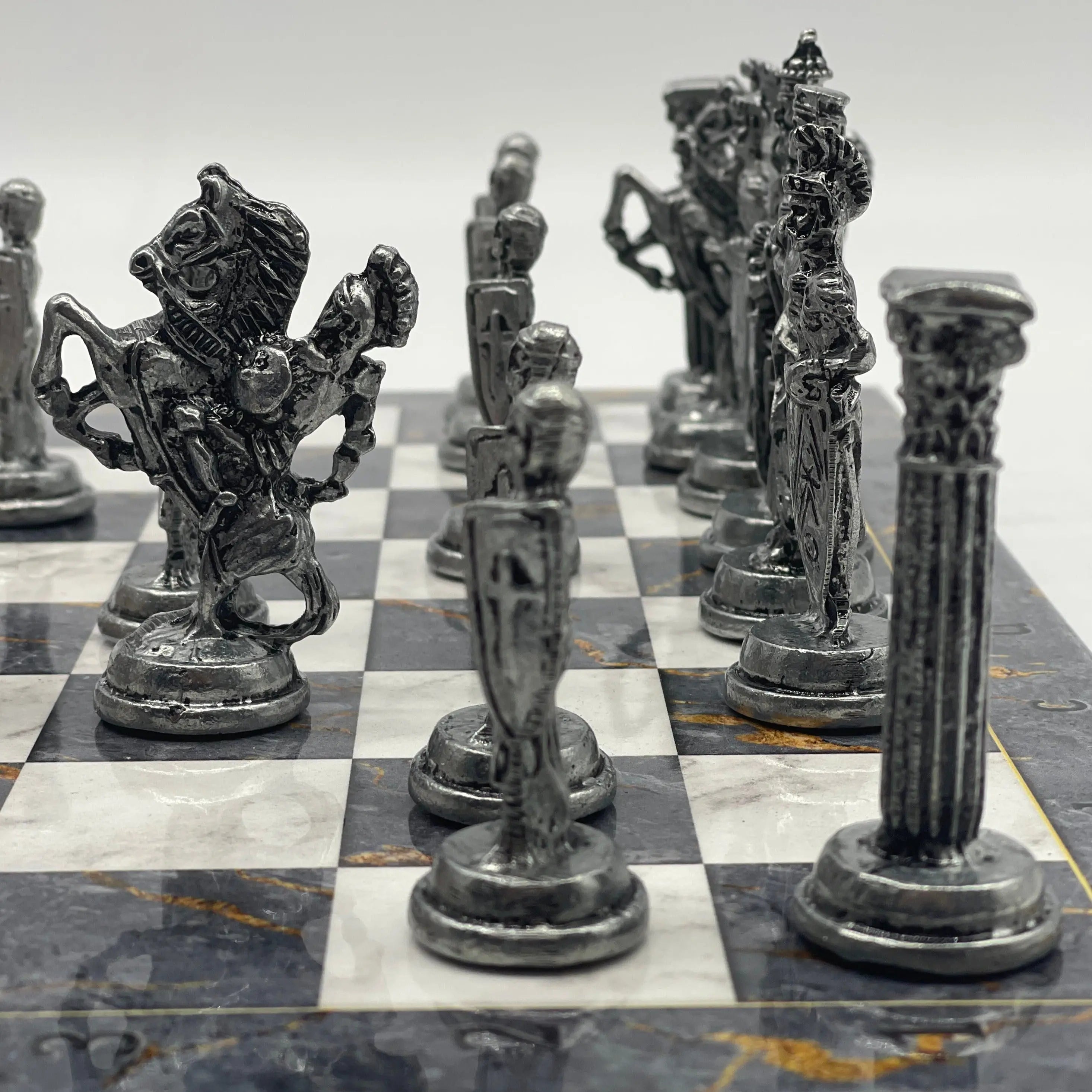 14.5" Handmade Gray Marble Pattern British Metal Pieces With Chess Set